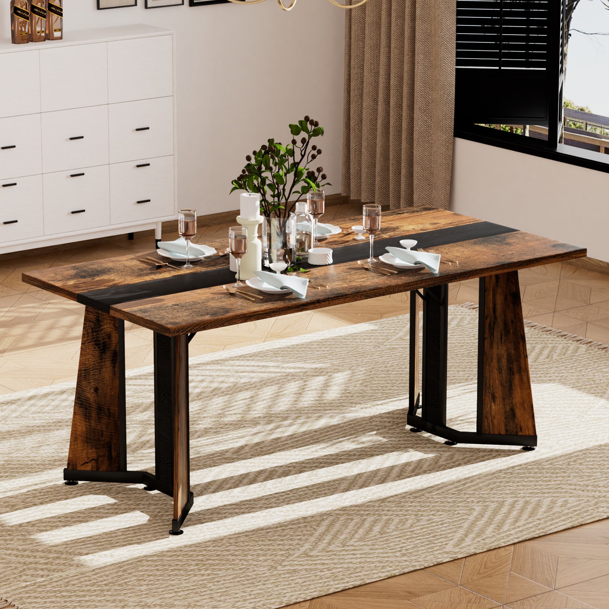 71 inch Large Rectangular Dining Table for 6-8 People, Paproos Faux Marble Dining Room Table with Adjustable Metal Leg, Wood Kitchen Table for Dining Room, Gathering
