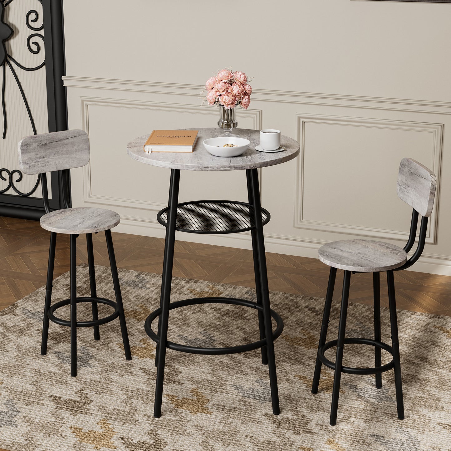 Piece Counter Height Dining Set, Paproos 23" Round Bar Table and 2 Bar Stools, Pub Table with Storage Rack, Bar Stools with Backrest, Industrial Bar Table Set for Kitchen Breakfast Nook