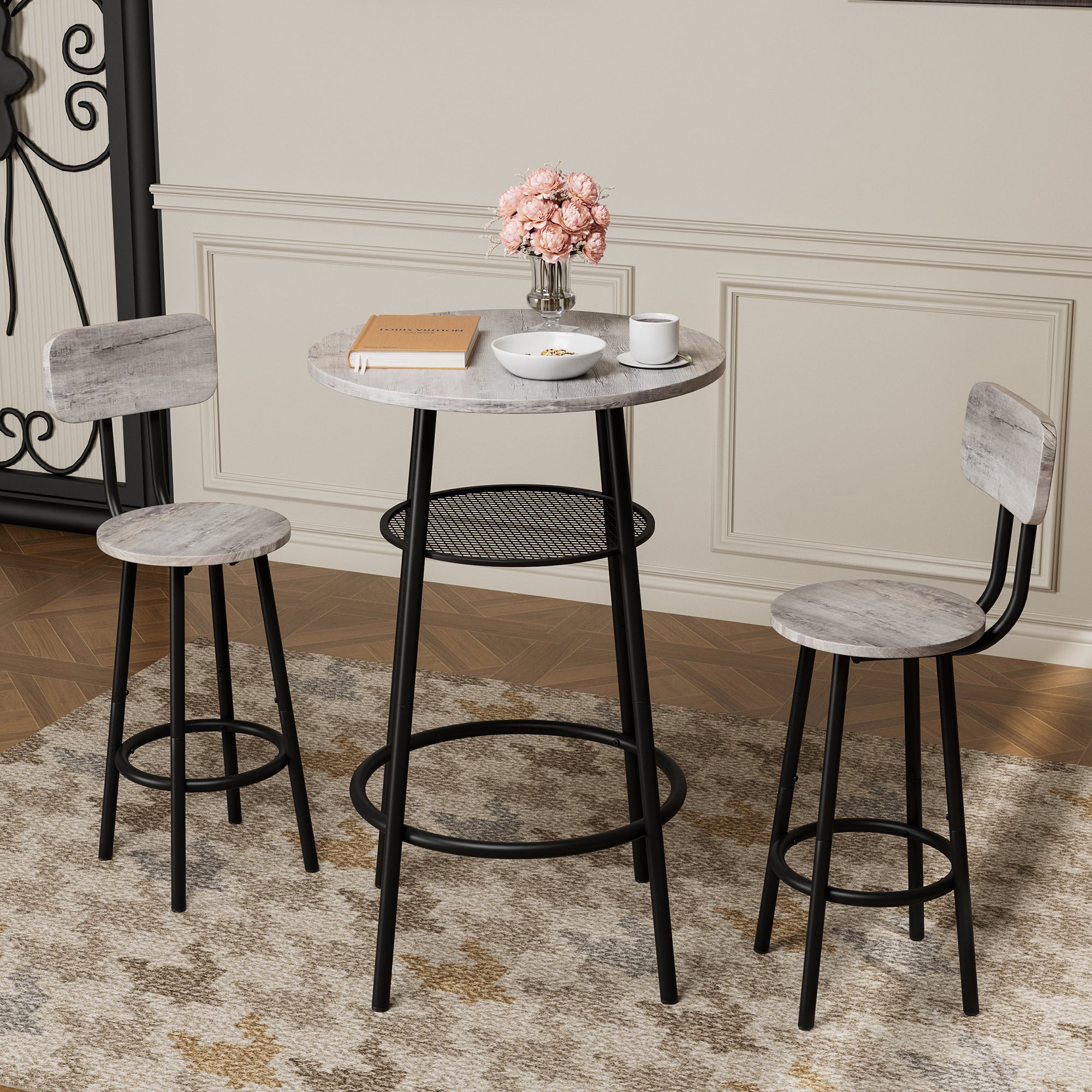 Piece Counter Height Dining Set, Paproos 23" Round Bar Table and 2 Bar Stools, Pub Table with Storage Rack, Bar Stools with Backrest, Industrial Bar Table Set for Kitchen Breakfast Nook
