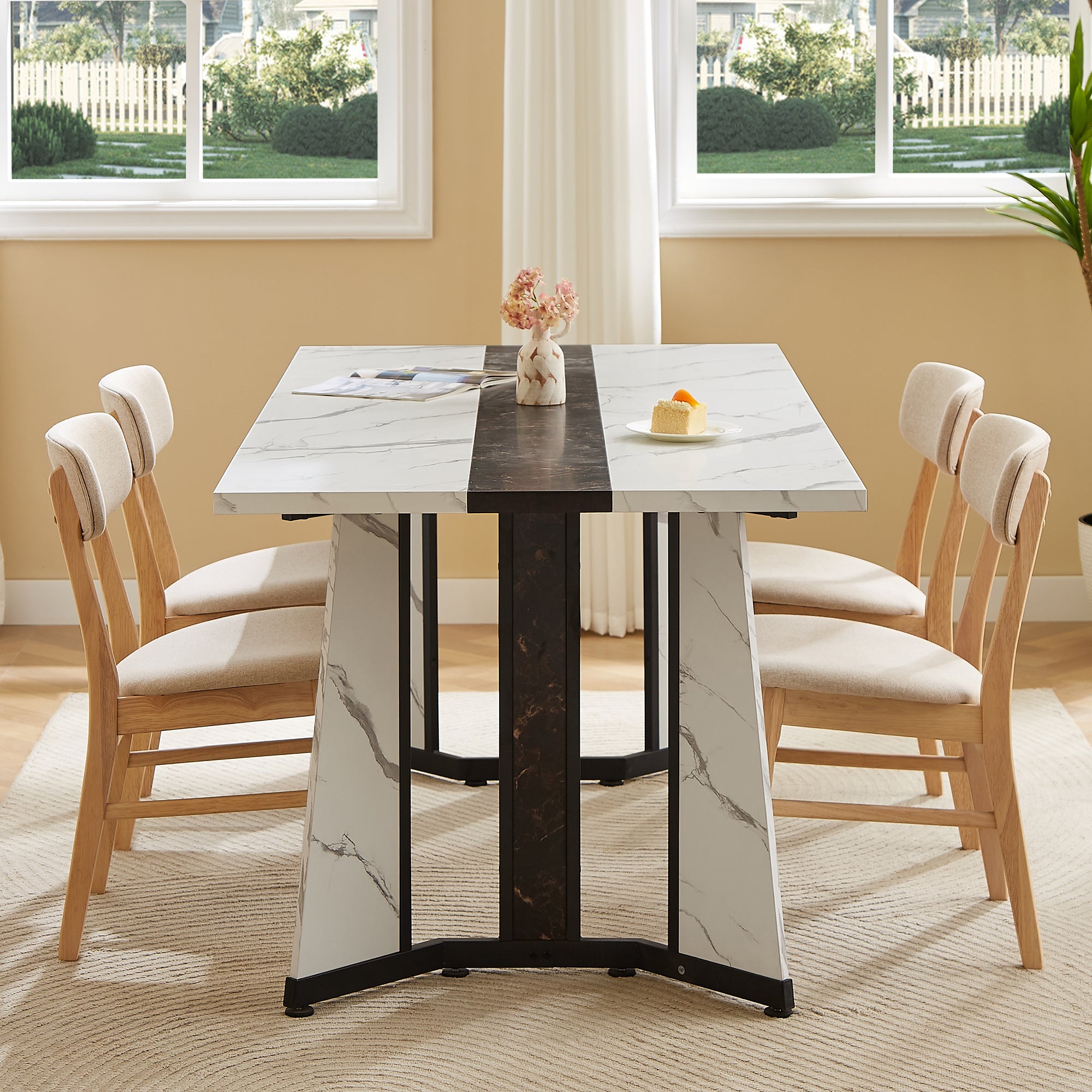 71 inch Large Rectangular Dining Table for 6-8 People, Paproos Faux Marble Dining Room Table with Adjustable Metal Leg, Wood Kitchen Table for Dining Room, Gathering