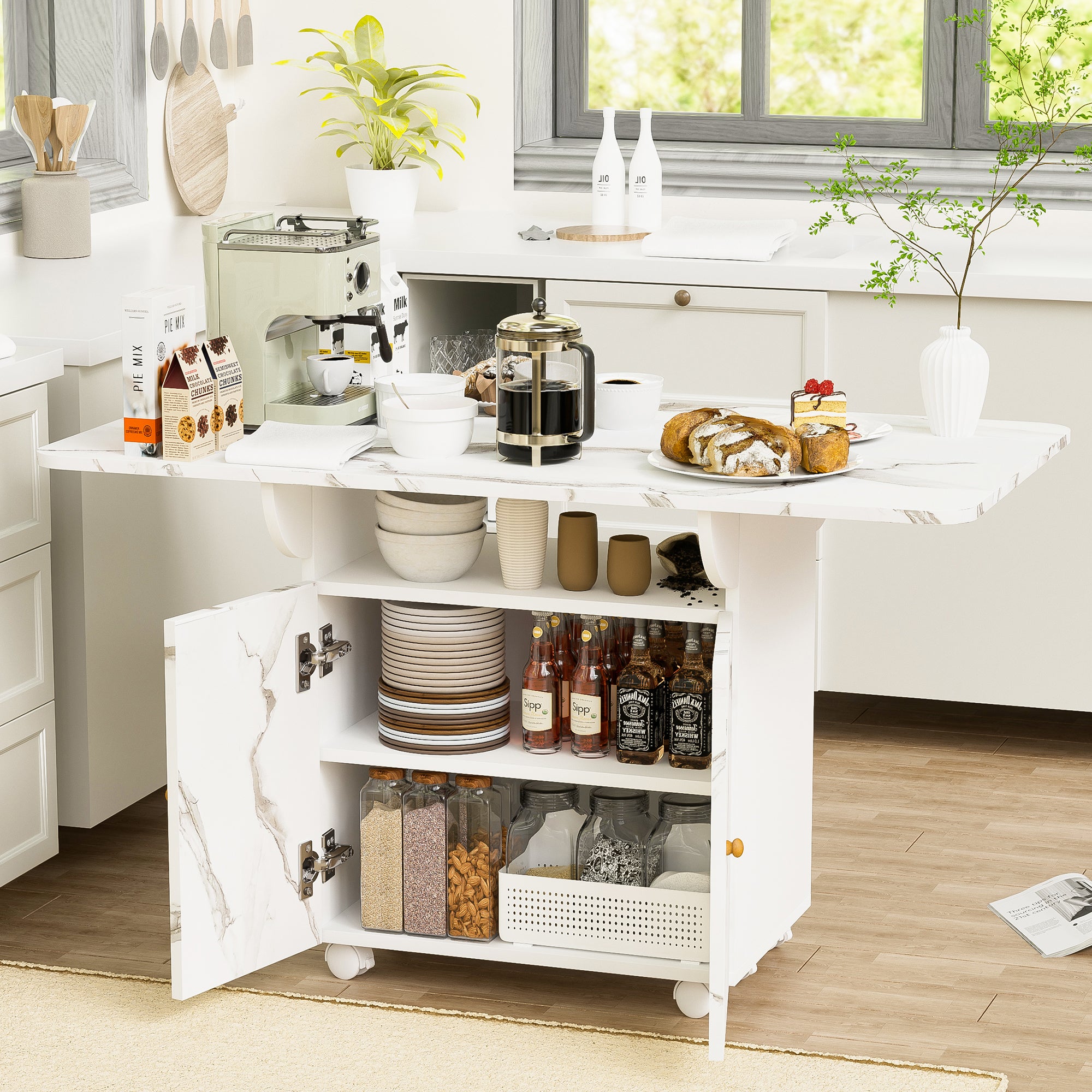 PAPROOS Folding Dining Table, 47'' Expandable Dining Table with Storage Racks & Storage Shelves & Wheels, Drop Leaf Kitchen Table with Marble-color, Space Saving Dining Room Table, White