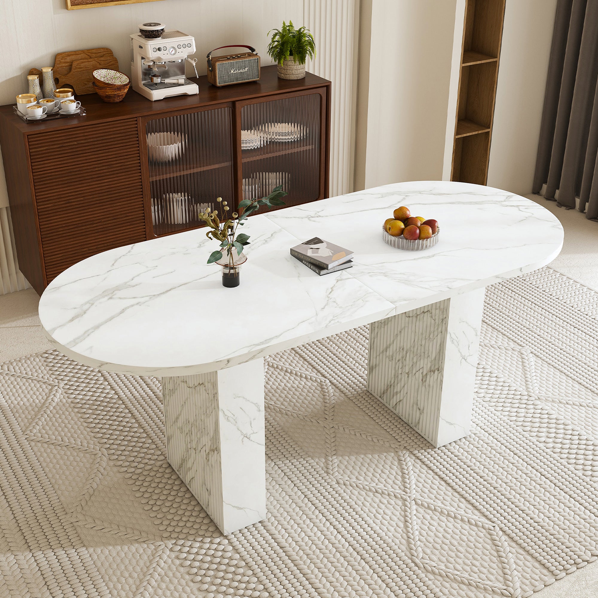 63inch Oval Dining Table for 4-6, Paproos Kitchen Table with Marble-Color Wood Waterproof Tabletop, Wooden Strip Base, Wood Dining Room Table for Office Dining Living Room, White(Only Table)