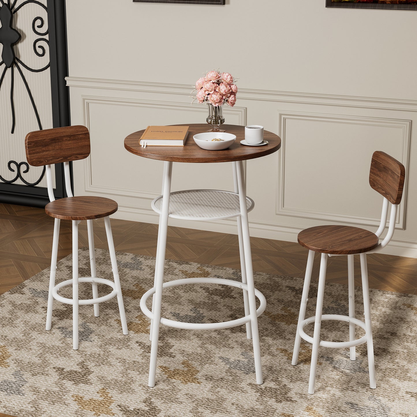 Piece Counter Height Dining Set, Paproos 23" Round Bar Table and 2 Bar Stools, Pub Table with Storage Rack, Bar Stools with Backrest, Industrial Bar Table Set for Kitchen Breakfast Nook