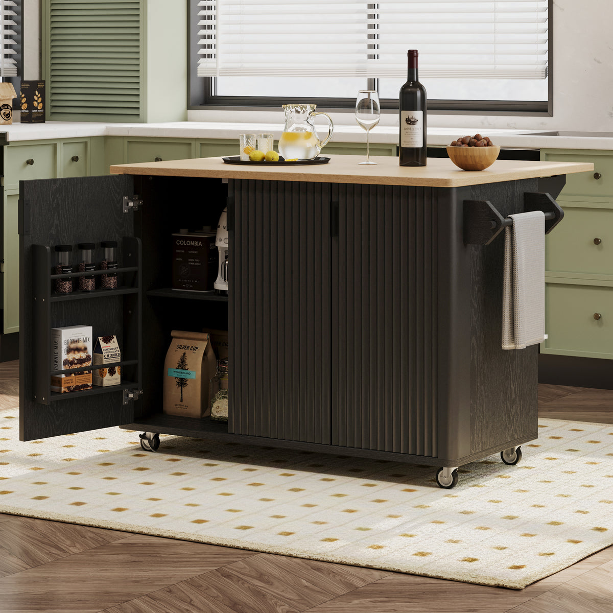 Kitchen Island with Storage, PAPROOS 51" Rolling Kitchen Cart with Drop Leaf & Solid Wood Top, Portable Kitchen Island with Spice Rack & Towel Bar for Kitchen Dining Room