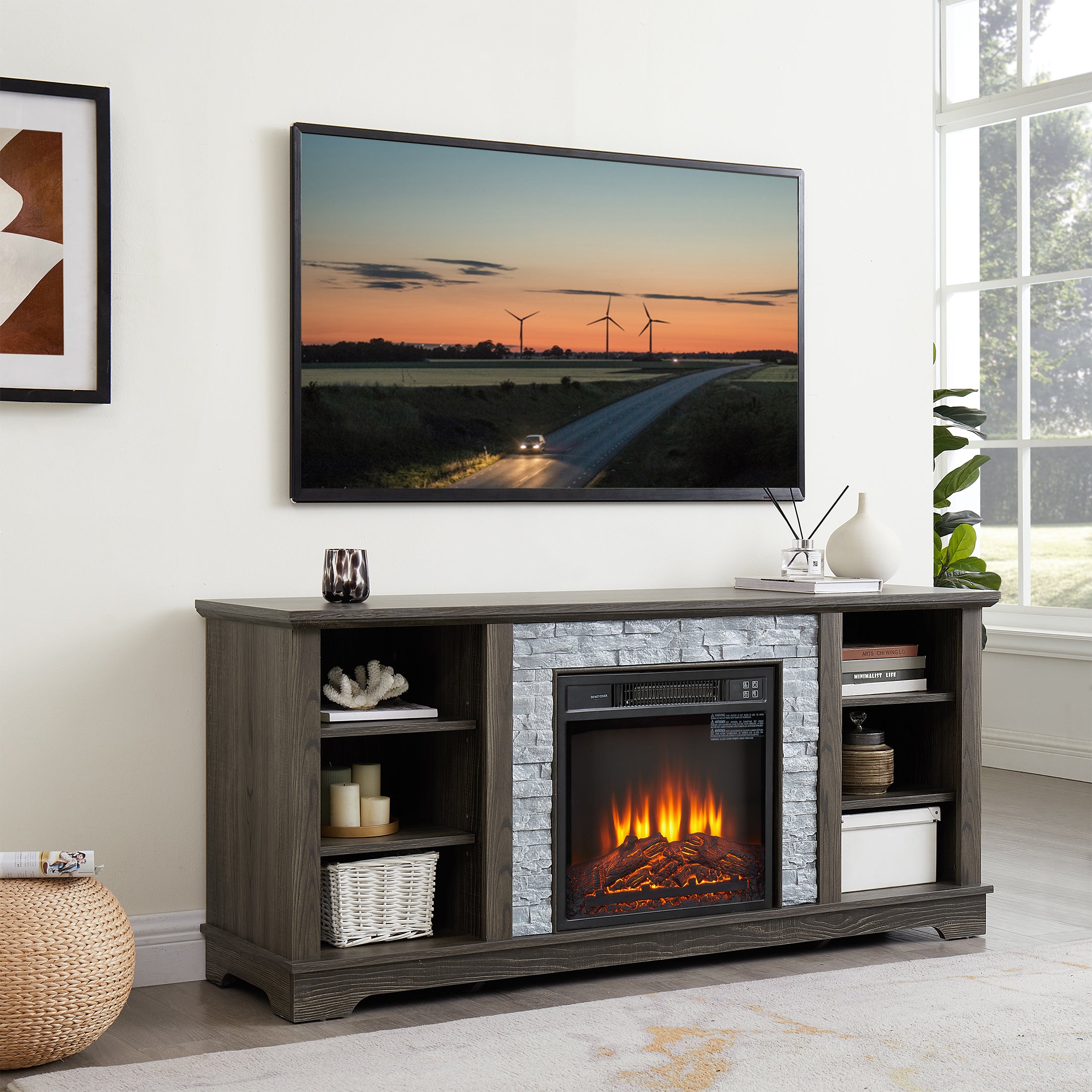 PAPROOS Fireplace TV Stand for 65-inch TV, Wooden TV Console Entertainment Center with Faux Stacked Stone Design for Living Room, Electric Fireplace TV Stand with Open Shelves, Gray