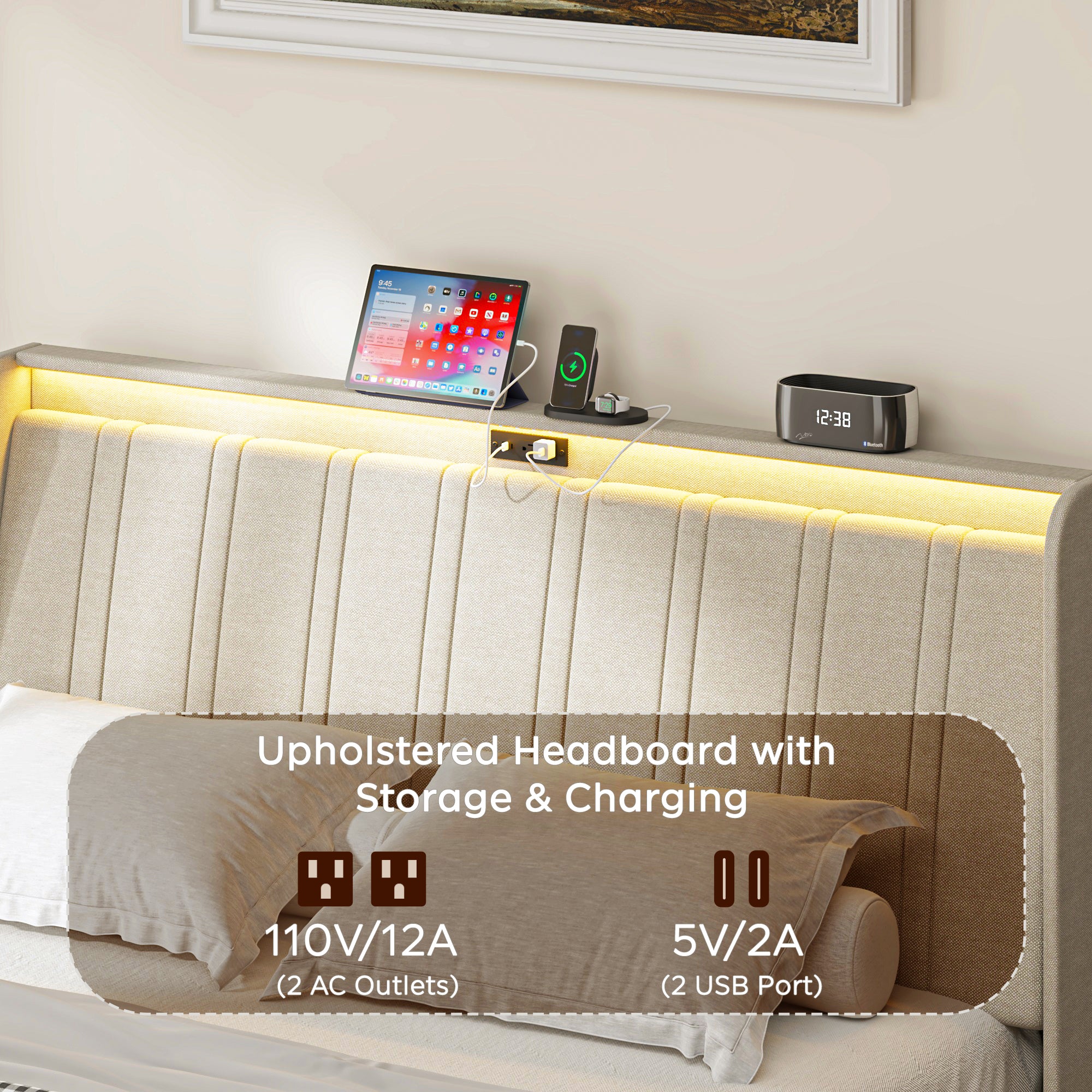 PAPROOS Full Bed Frame, Full Bed with Charging Station and LED Light, Velvet Upholstered Headboard, Metal Platform Bed with Wooden Slats, No Box Spring Needed
