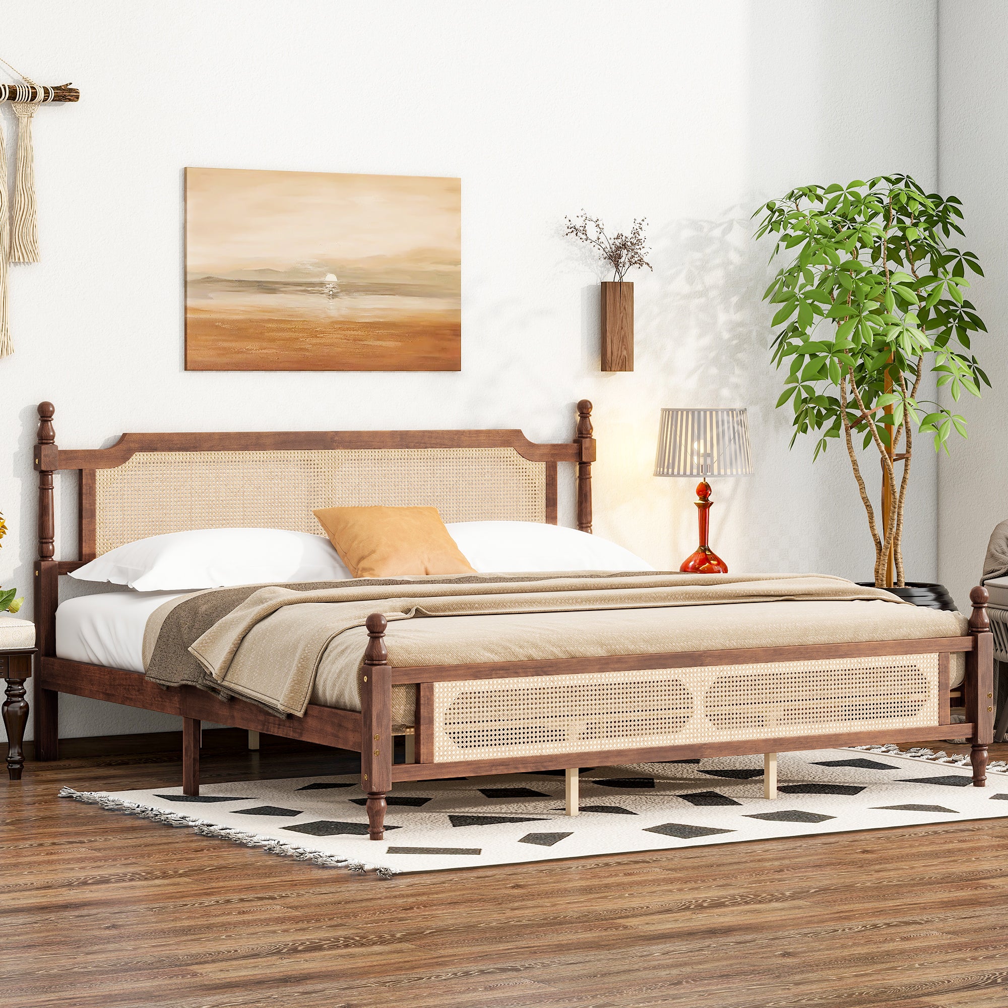PAPROOS King Platform Bed Frame, Wood King Size Bed Frame with Rattan Headboard, Modern Bed Frame King with Central Enhanced for Adults, No Box Spring Needed