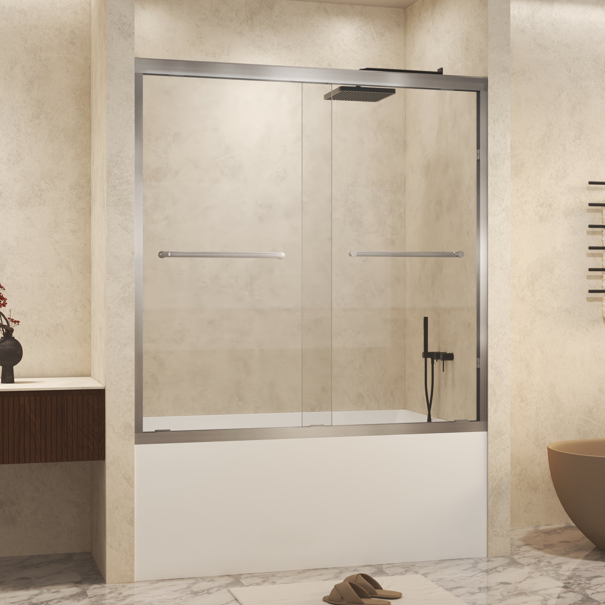 PAPROOS 44"-48" W x 72" H Framed Double Sliding Shower Door, Modern Tub Door with 1/4” (6 mm) Clear Tempered Glass, Bathtub Door with Stainless Steel Handle, SGCC Certified, Brushed Nickel