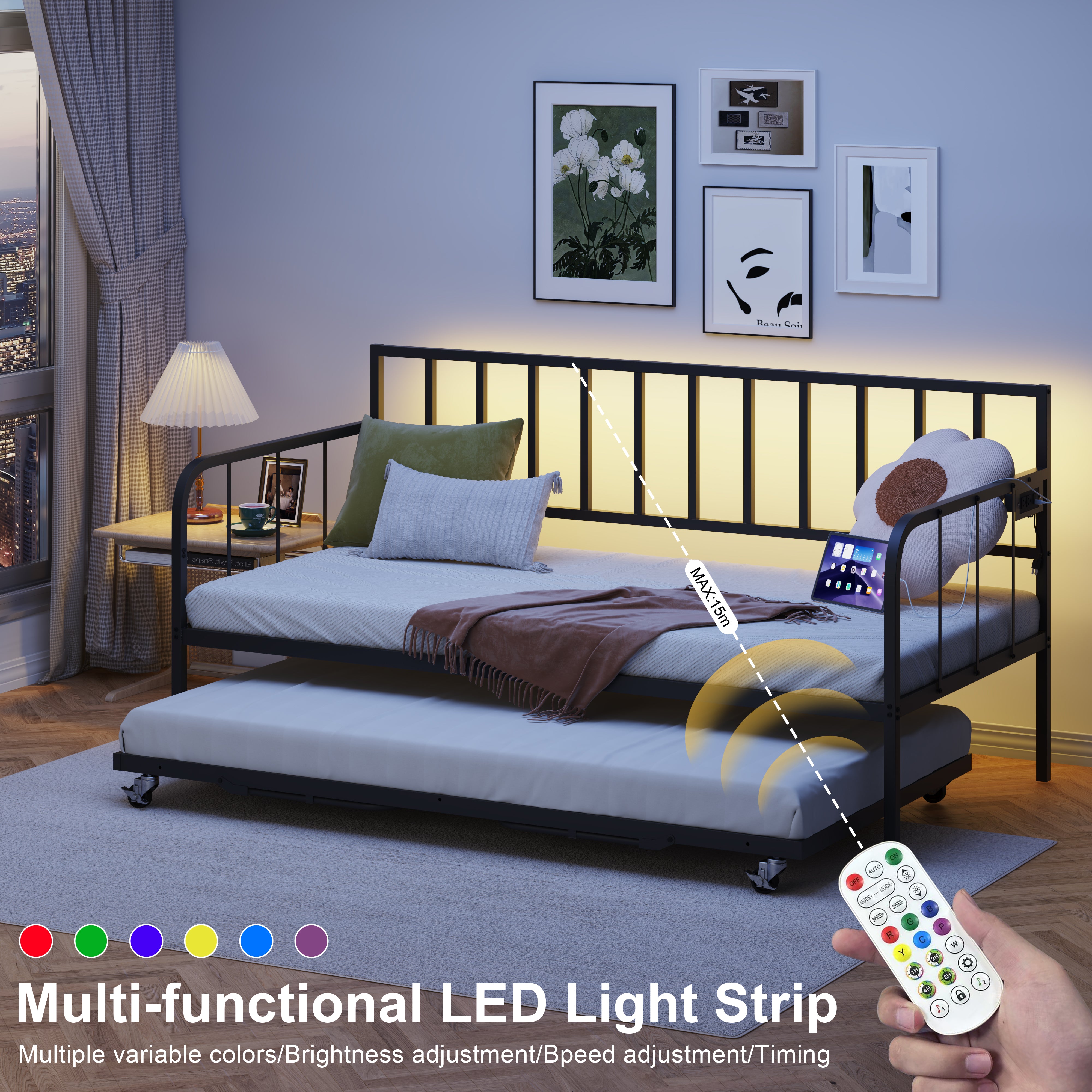 PORKISS Daybed with Trundle Bed and LED Light