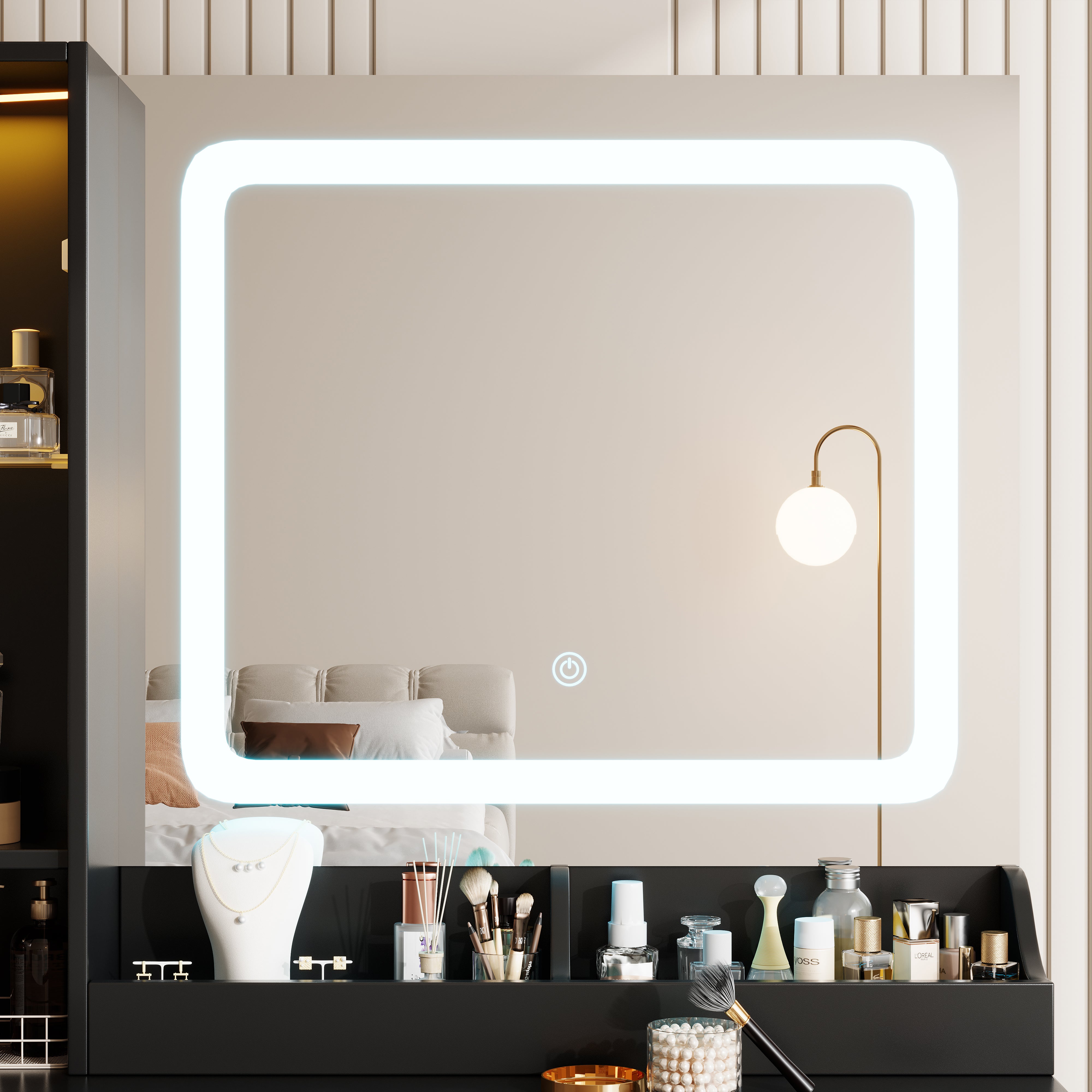 PAPROOS Vanity Set with 3 Color Lighted Mirror, Modern Makeup Vanity Table with Charging Station and Hair Dryer Rack, Bedroom Dressing Table with 3 Drawers, Cabinet, Cushioned Stool for Girls, Black