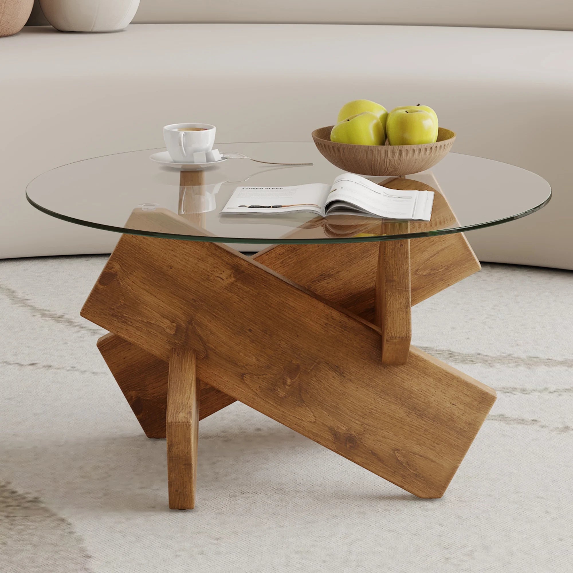Tempered Glass Coffee Table, Round Cocktail Table with 4 Cross Wooden Legs for Home Office Living Room, Easy to Clean
