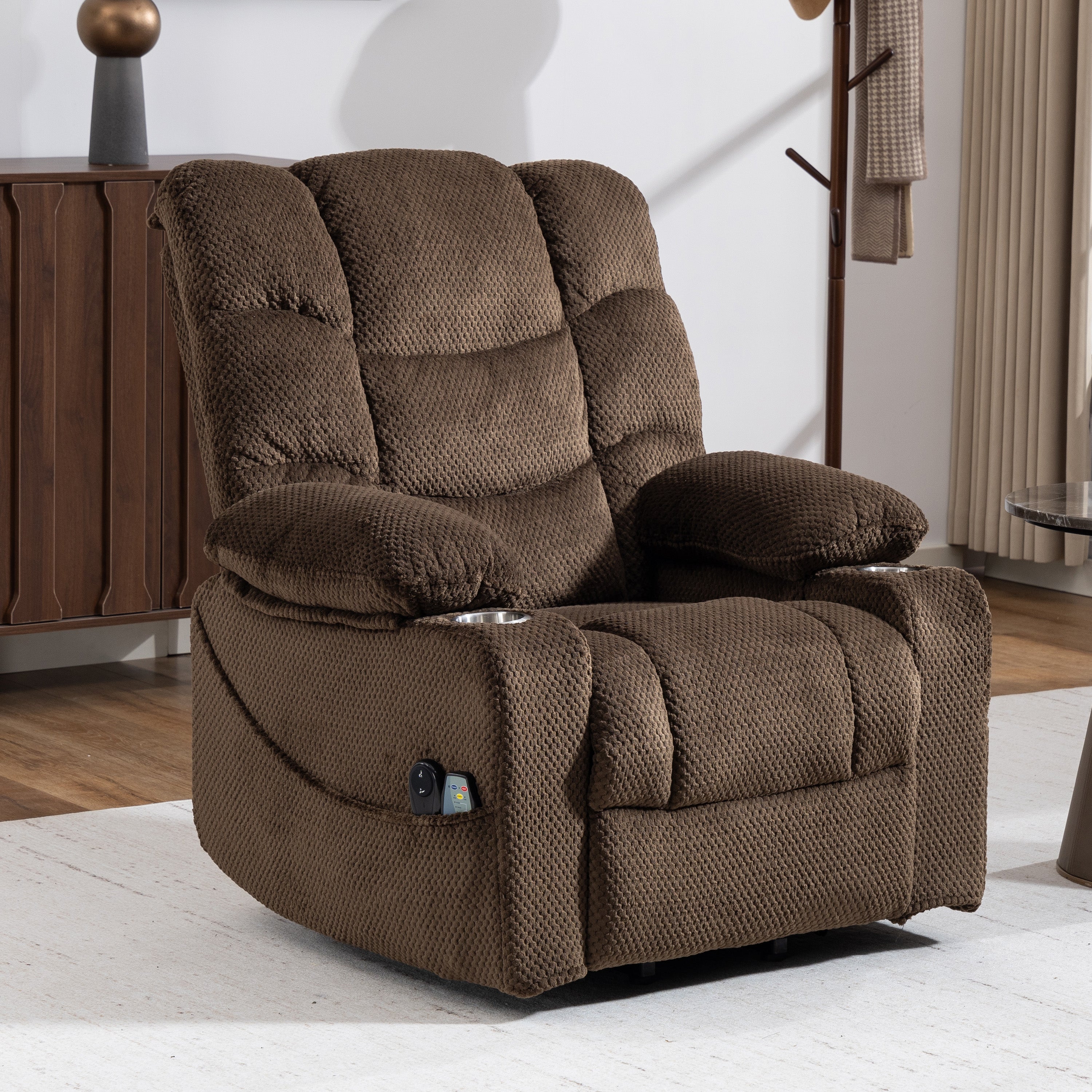 Power Lift Recliner Chair, Paproos Power Lift Recliner with Massage and Heat for Elderly, Reclining Sofa with Cup Holders & Side Pockets for Living Room, Velvet Fabric, Brown