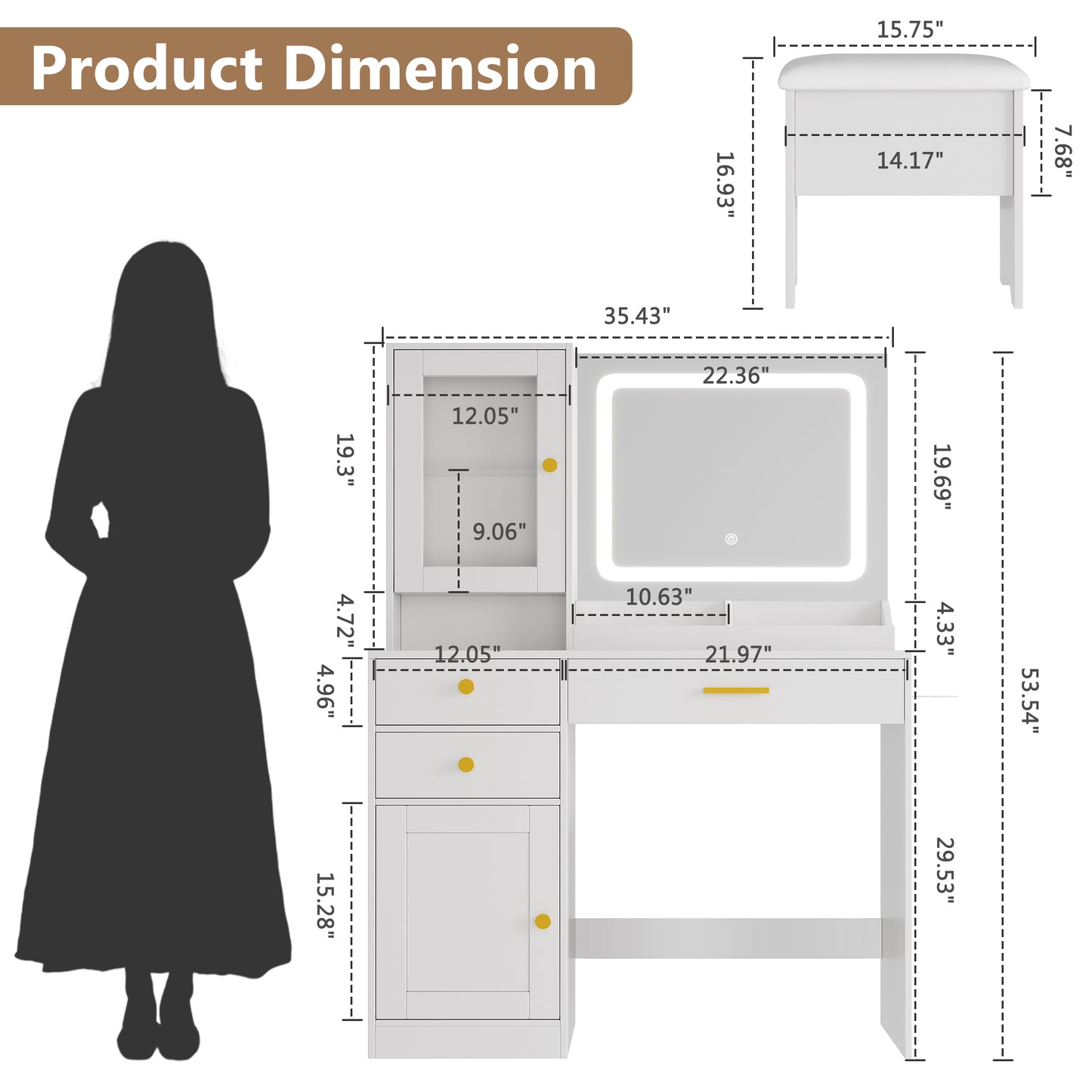 Vanity Desk with Mirror and LED Light, PAPROOS Makeup Vanity with Cabinet and 3 Drawers, Makeup Table with Anti-tipping Function, Upholstered Stool with storage, Shelves with Door, White
