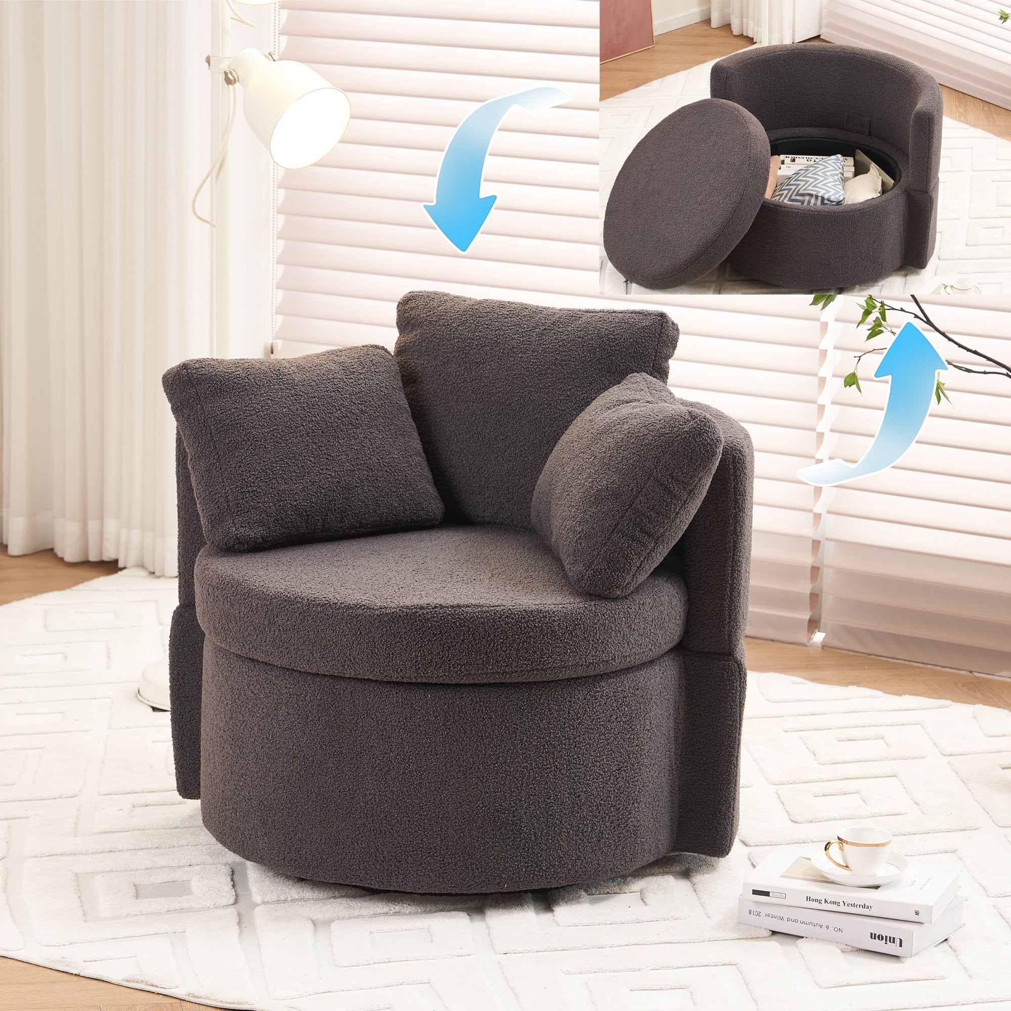 PAPROOS Swivel Barrel Accent Chair, 360° Swivel Chairs with Storage and Removable Throw Pillow, Single Sofa Armchair Comfy Round Sofa Chair for Living Room Bedroom
