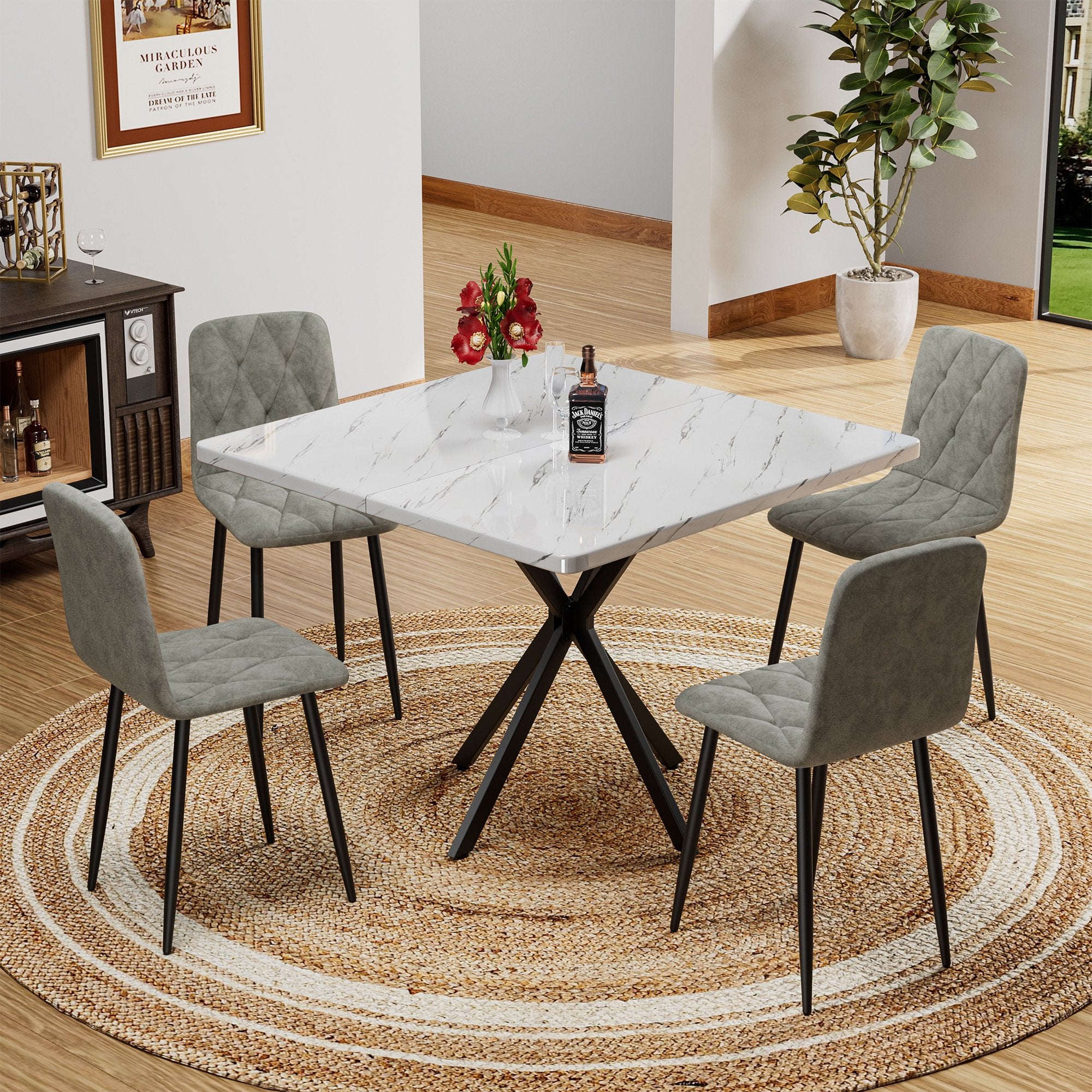 PAPROOS Dining Table Set for 4, 5-Piece Kitchen Table Set with Faux Marble Tabletop and 4 Velvet Upholstered Chairs, Square Kitchen Table and Chairs, Small Dining Set for Dining Room, White+Gray