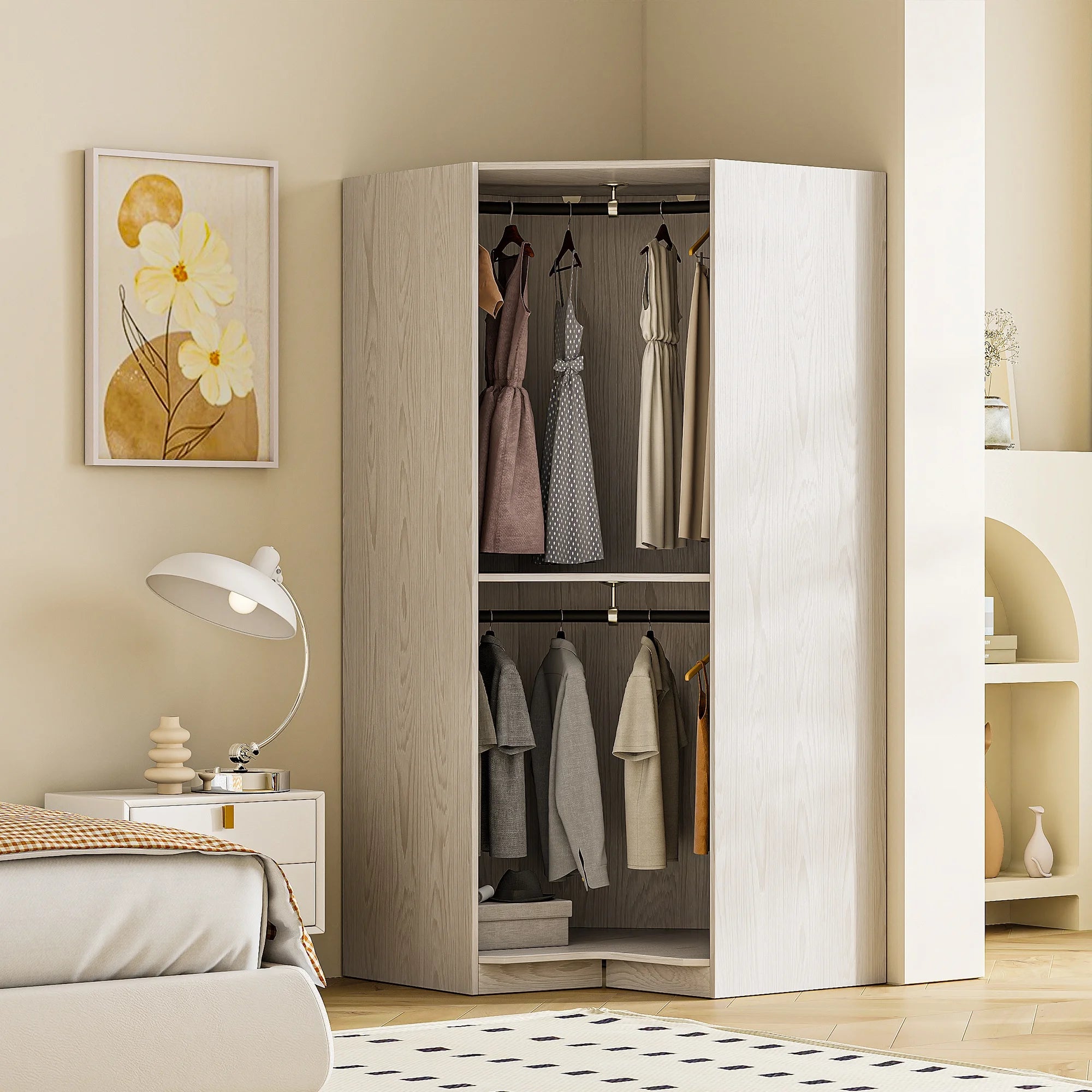 PAPROOS Corner Armoire Wardrobe, Corner Closet System, 43.3 Inches Wide Wood Corner Unit with 2 Hanging Rods, 2-Tier Corner Wood Closet Tower, Gray