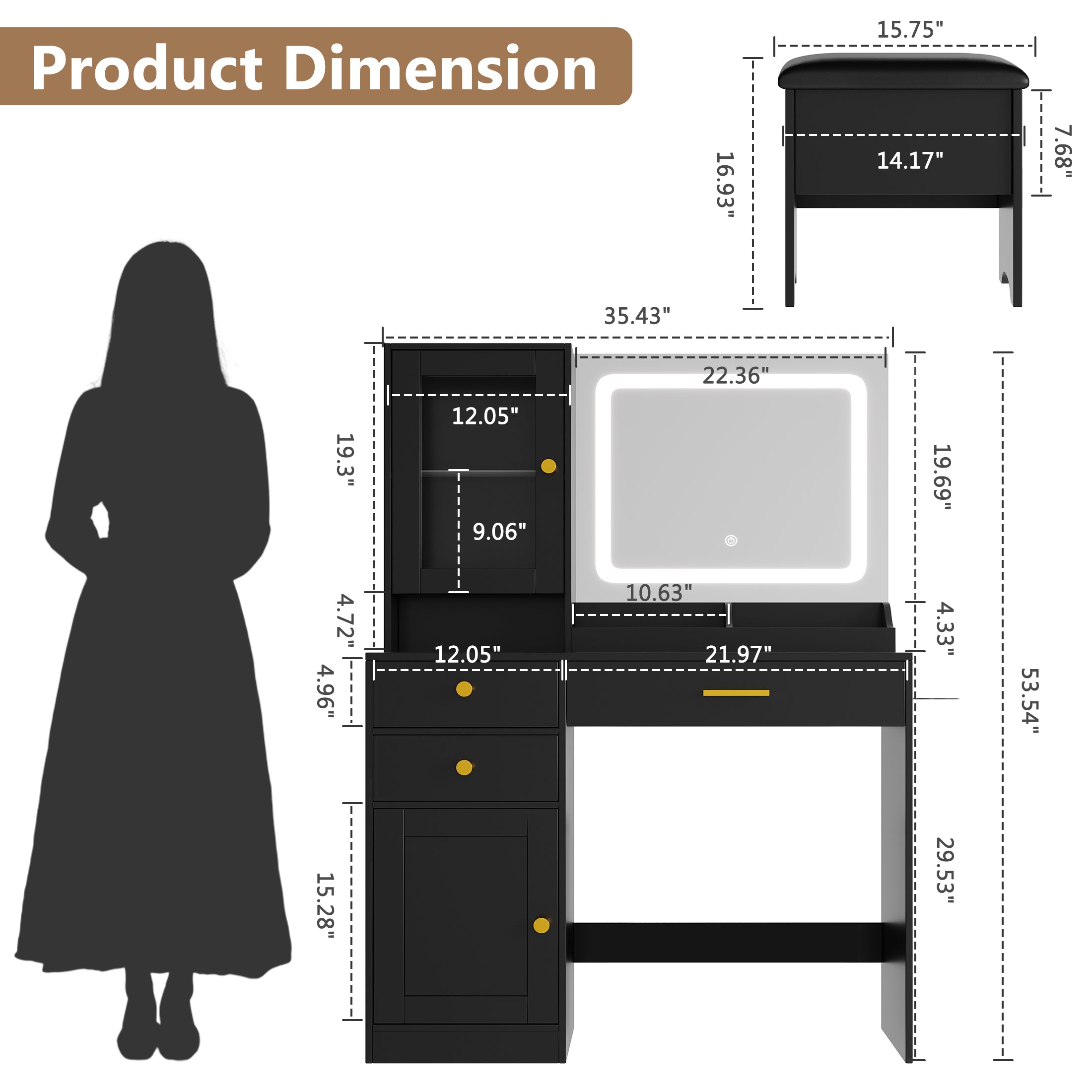 PAPROOS Vanity Set with 3 Color Lighted Mirror, Modern Makeup Vanity Table with Charging Station and Hair Dryer Rack, Bedroom Dressing Table with 3 Drawers, Cabinet, Cushioned Stool for Girls, Black