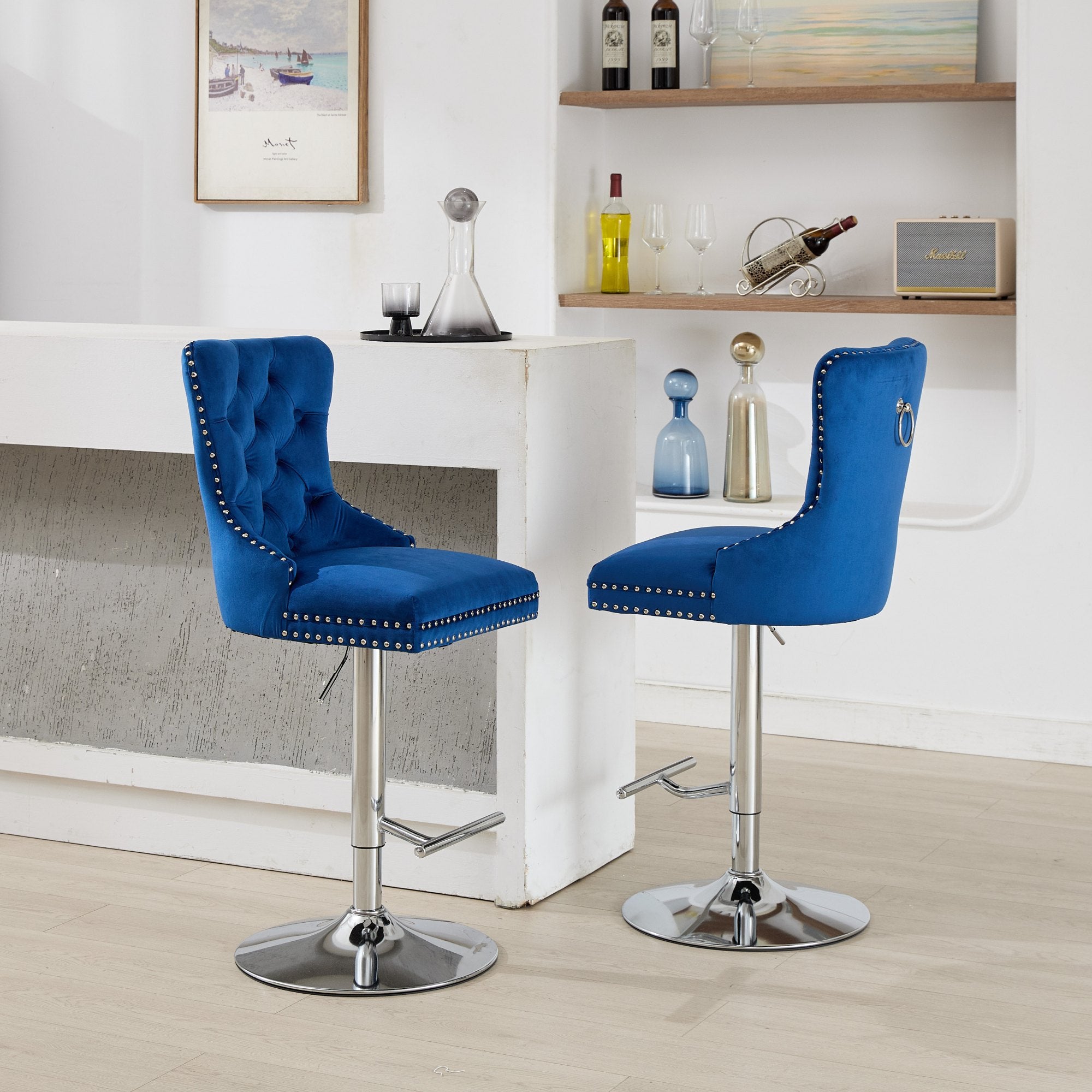 Paproos Bar Stools Set of 2, Adjustable Swivel Bar Stools, Velvet Upholstered Dining Chair Set with Button Tufted & Nailheads Trim, Bar Height Stool with Back & Footrest, Beige & Gold