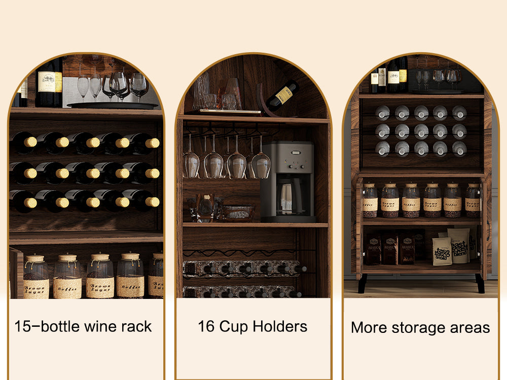 71" Tall Wine Bar Cabinet, Paproos Farmhouse Liquor Cabinet with Doors, Wine Racks, Glass Holder, Coffee Bar Cabinet with Storage Cabinet, for Living Room, Kitchen, Home Bar, Brown Oak