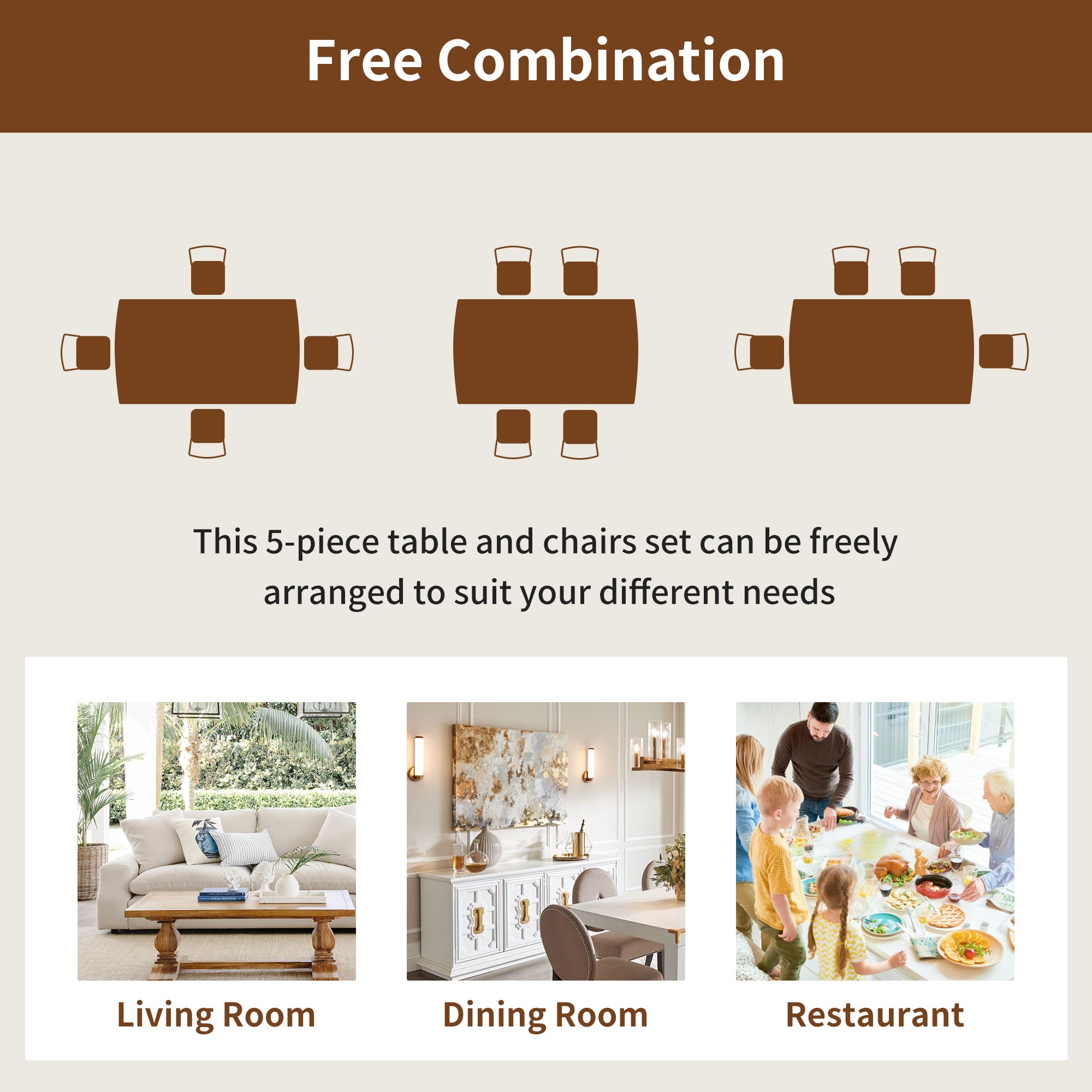 7 Inch Rectangle Dining Table, Paproos Kitchen Table for 4, Dining Room Table, Dinner Table, Dinette Table Wooden Table for Kitchen Dining Room, Brown