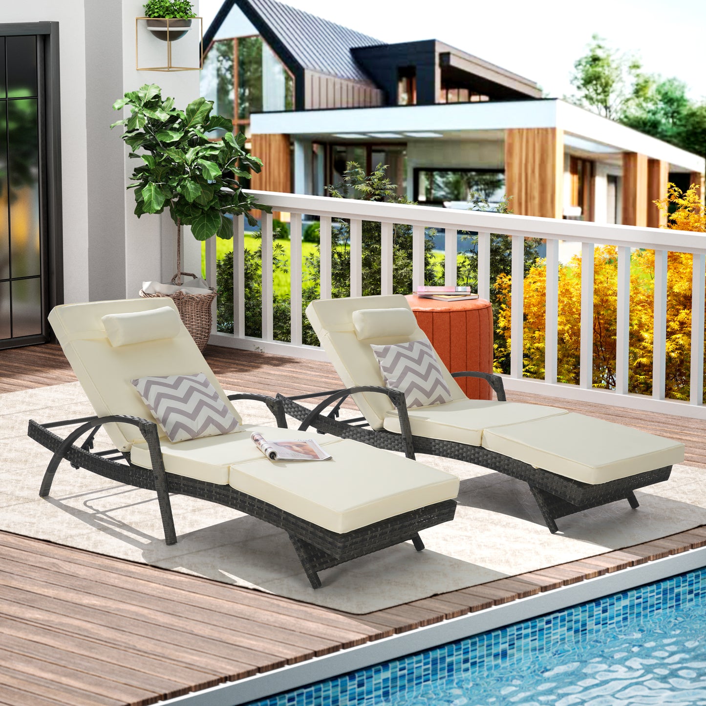 Outdoor Chaise Lounge Chair Set of 2, Rattan Patio Chaise Lounge Chair with Cushion and Arms, Modern 5-Positions Adjustable Outdoor Lounger Recliner for Poolside, Garden, Backyard, Light Gray