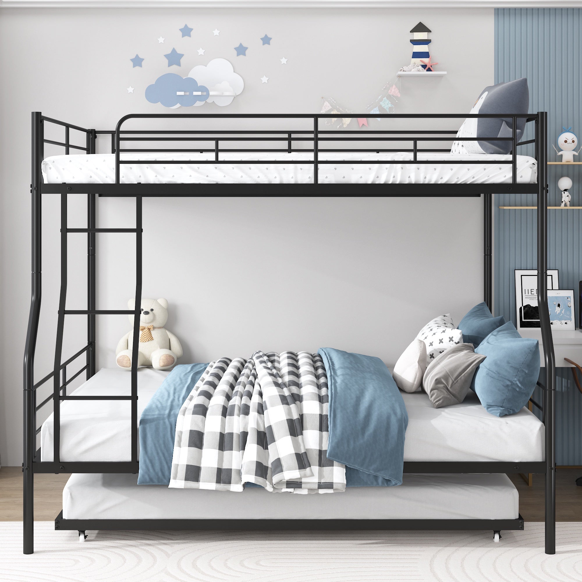 Paproos Full Over Full Bunk Bed with Trundle, Convertible Metal Platform Bed with Ladder and Full-Length Guardrail, Black
