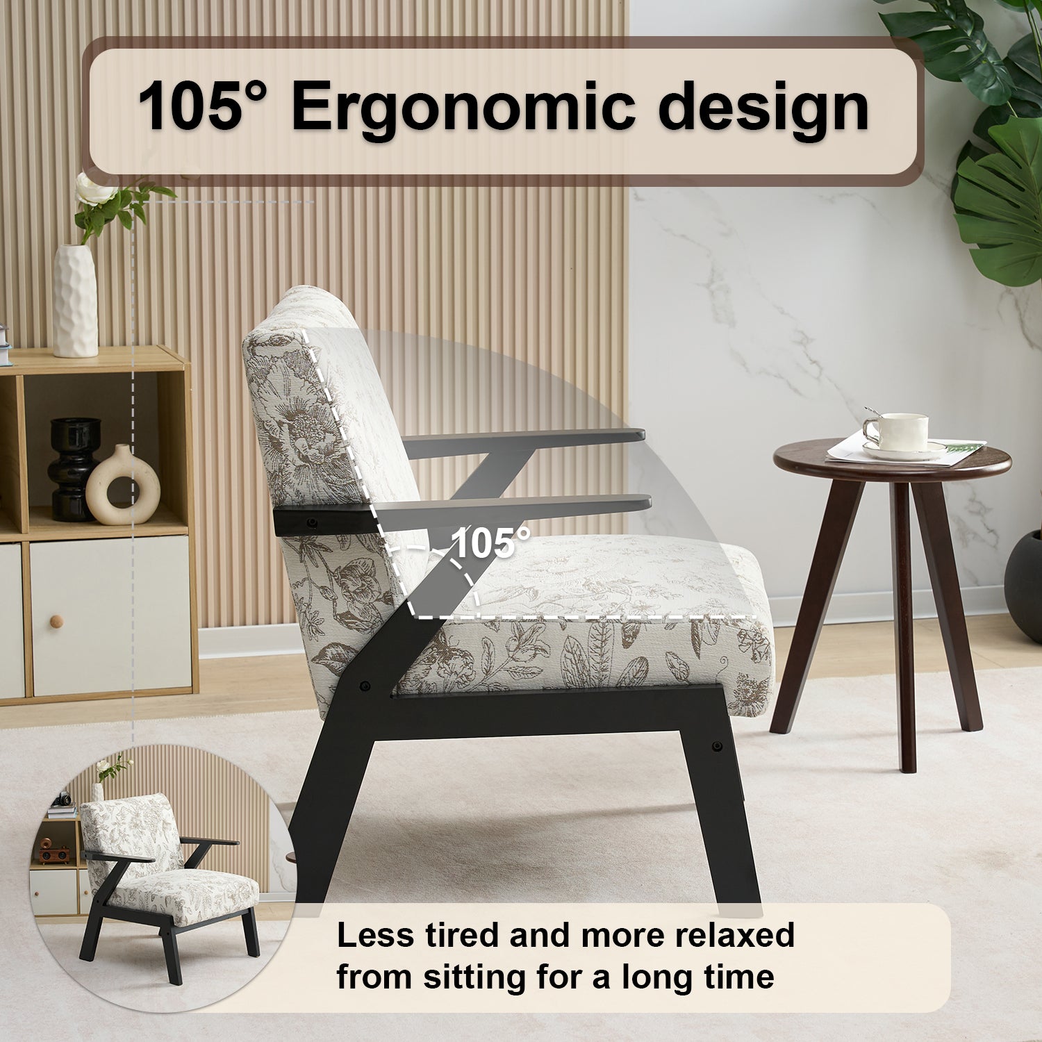 PAPROOS Mid-Century Modern Accent Chair, Fabric Upholstered Arm Chair with Wood Frame, Comfy Reading Lounge Arm Chair for Living Room Bedroom, Floral