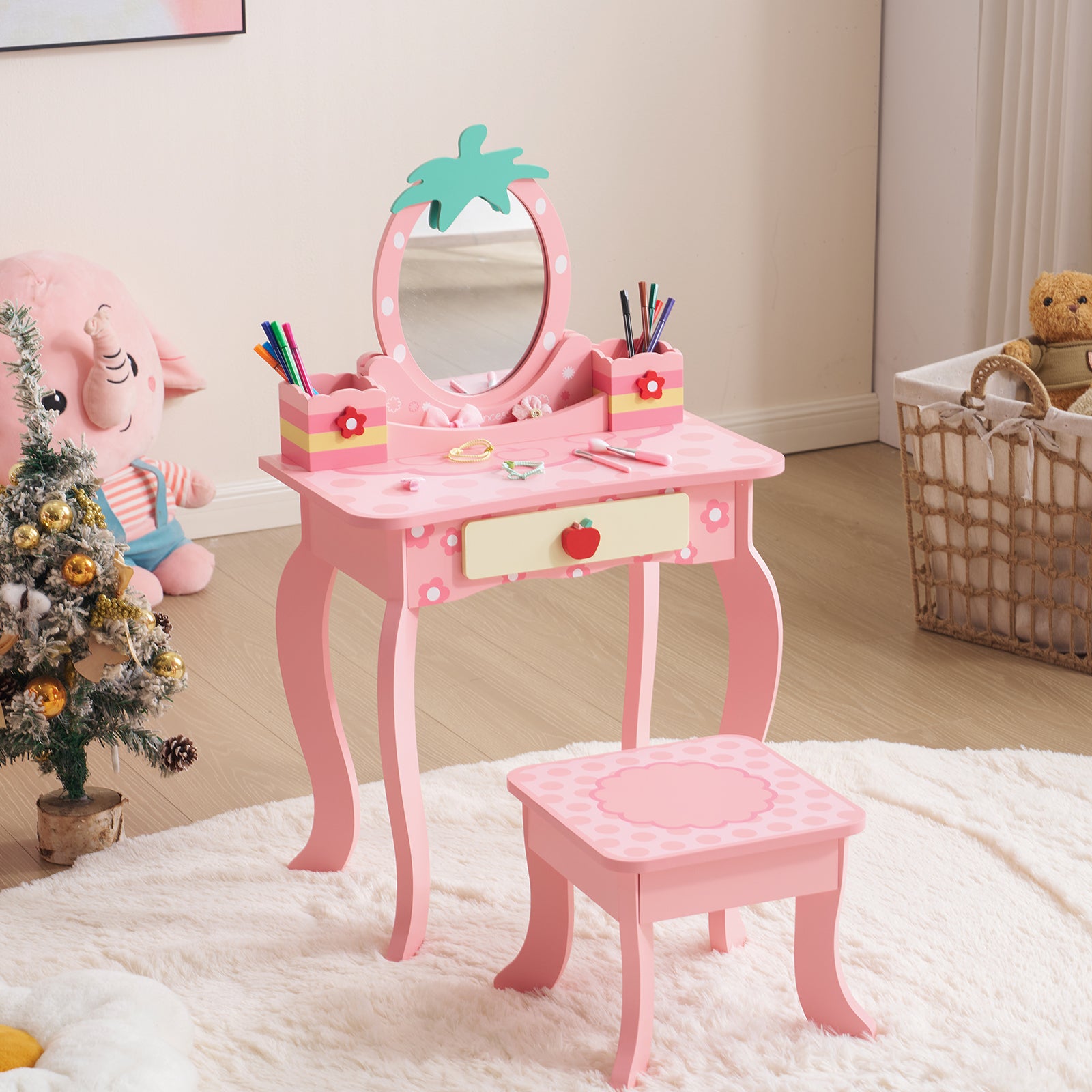 Paproos Kids Vanity Set with Mirror, Wood Pretend Play Princess Makeup Vanity Table and Chair with Drawer, Toddler Dressing Table with Apple Design, Cute Makeup Desk Set for Little Girls 3+, Pink