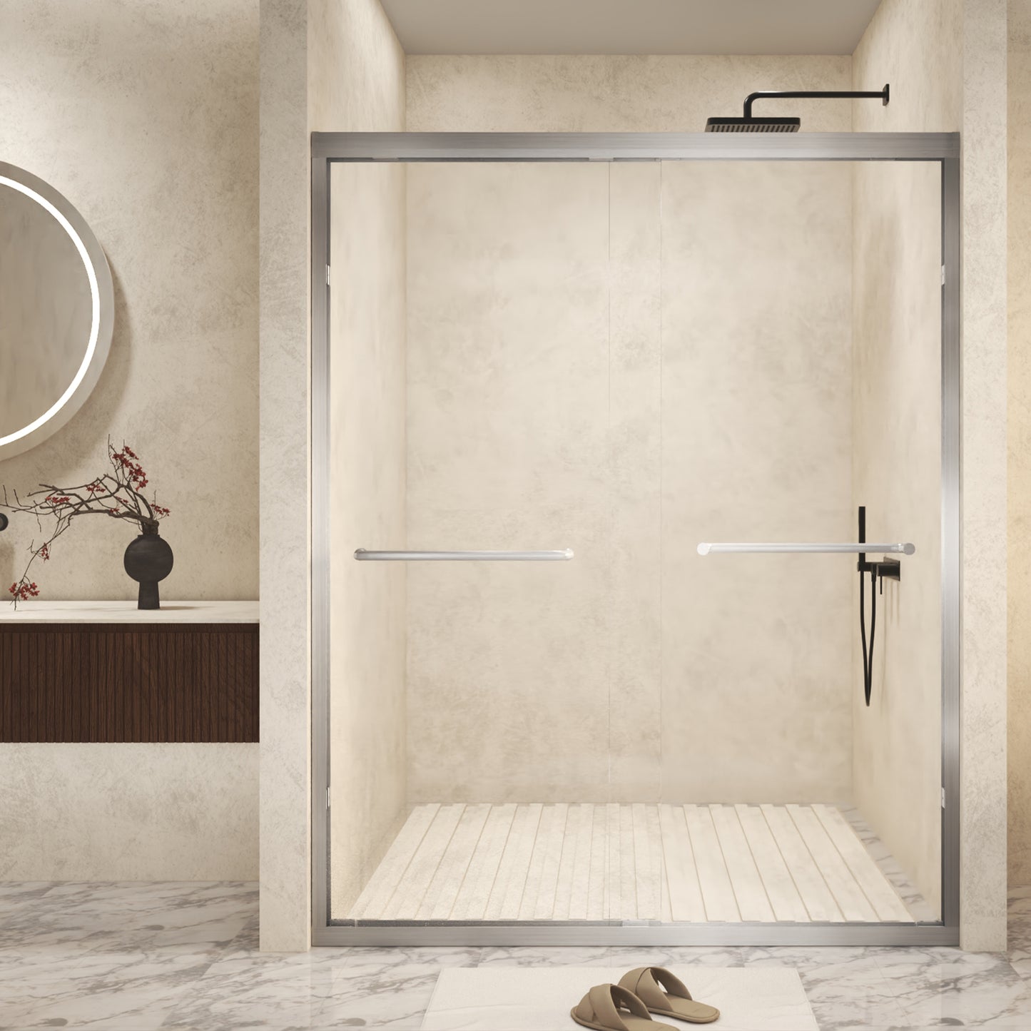 PAPROOS 44"-48" W x 72" H Framed Double Sliding Shower Door, Modern Tub Door with 1/4” (6 mm) Clear Tempered Glass, Bathtub Door with Stainless Steel Handle, SGCC Certified, Brushed Nickel