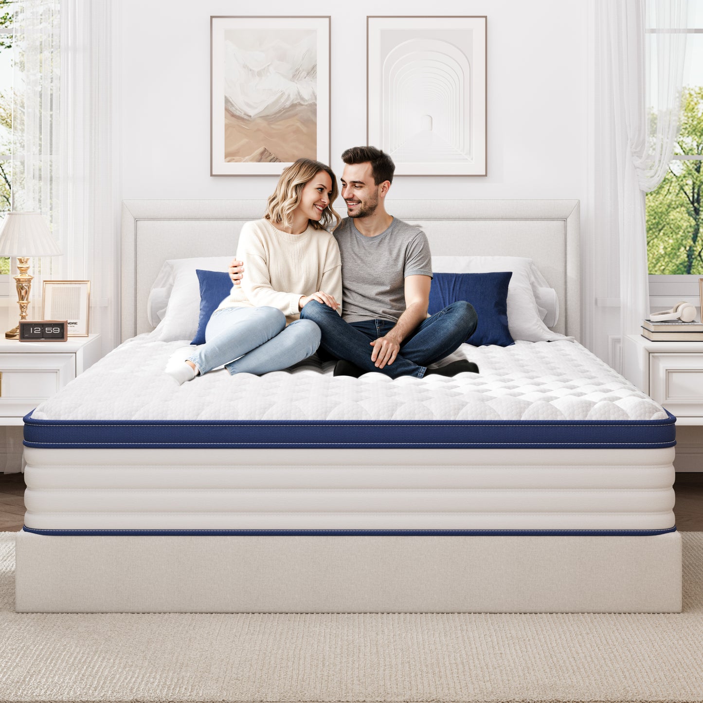 Twin Mattress, PAPROOS 12" Memory Foam Hybrid Mattress in a Box, Cool Individual Pocket Spring Mattress with Breathable Knitted Fabric Cover, Twin Size Medium Firm Mattress, CertiPUR-US, White/Blue