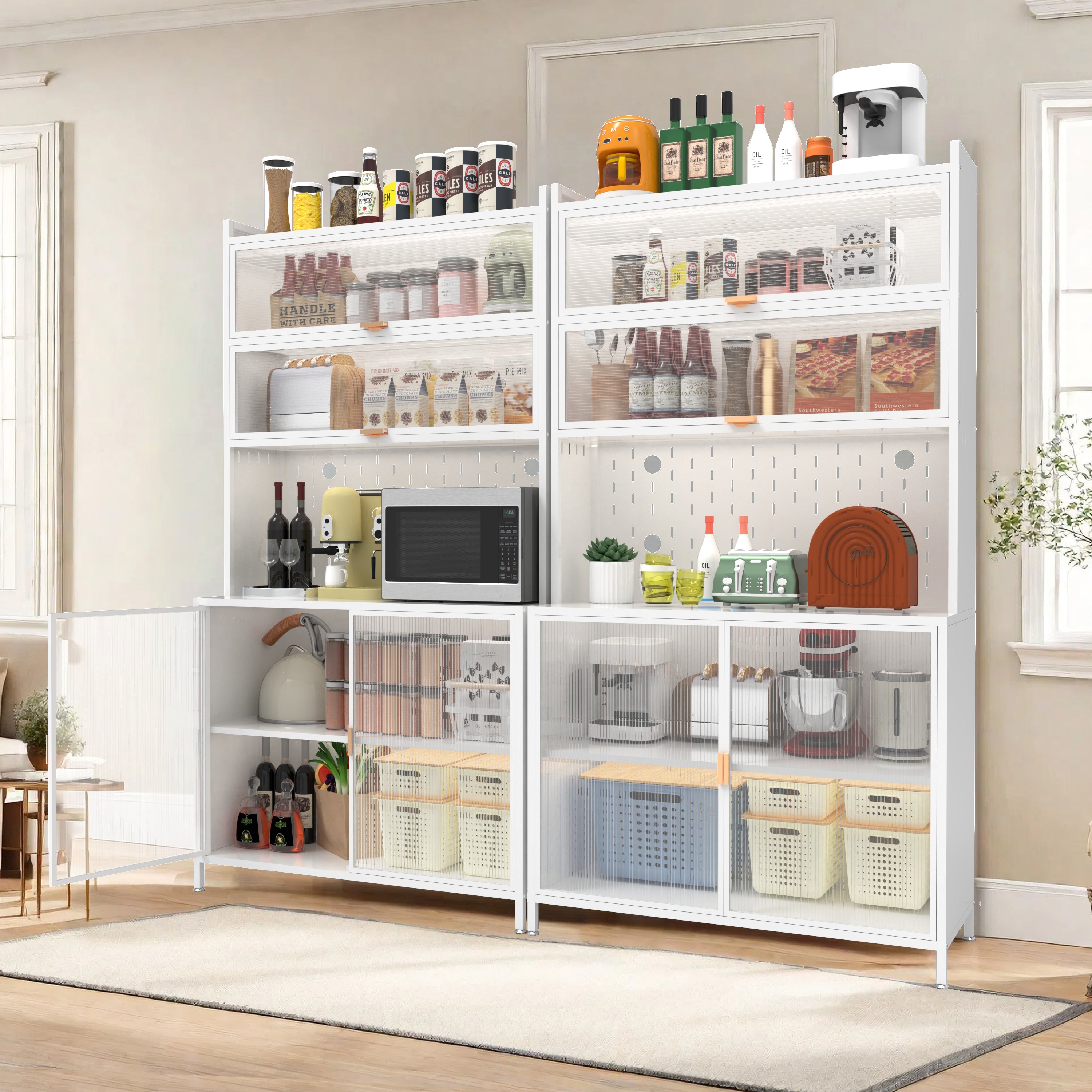PAPROOS 73” Tall Kitchen Pantry Cabinet, Metal Pantry Cabinet with 6 Level Flip Doors, Pegboard, Modern Pantry Storage Cabinet with Anti-Tip Design, Hutch for Kitchen, Dining Room, Living Room