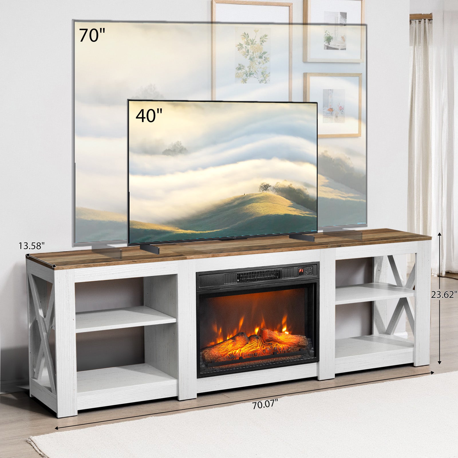 PAPROOS Fireplace TV Stand for 70 Inch TV, Farmhouse TV Stand with 24'' Electric Fireplace, Entertainment Center with Adjustable Shelves, TV Console Table Media Console for Living Room