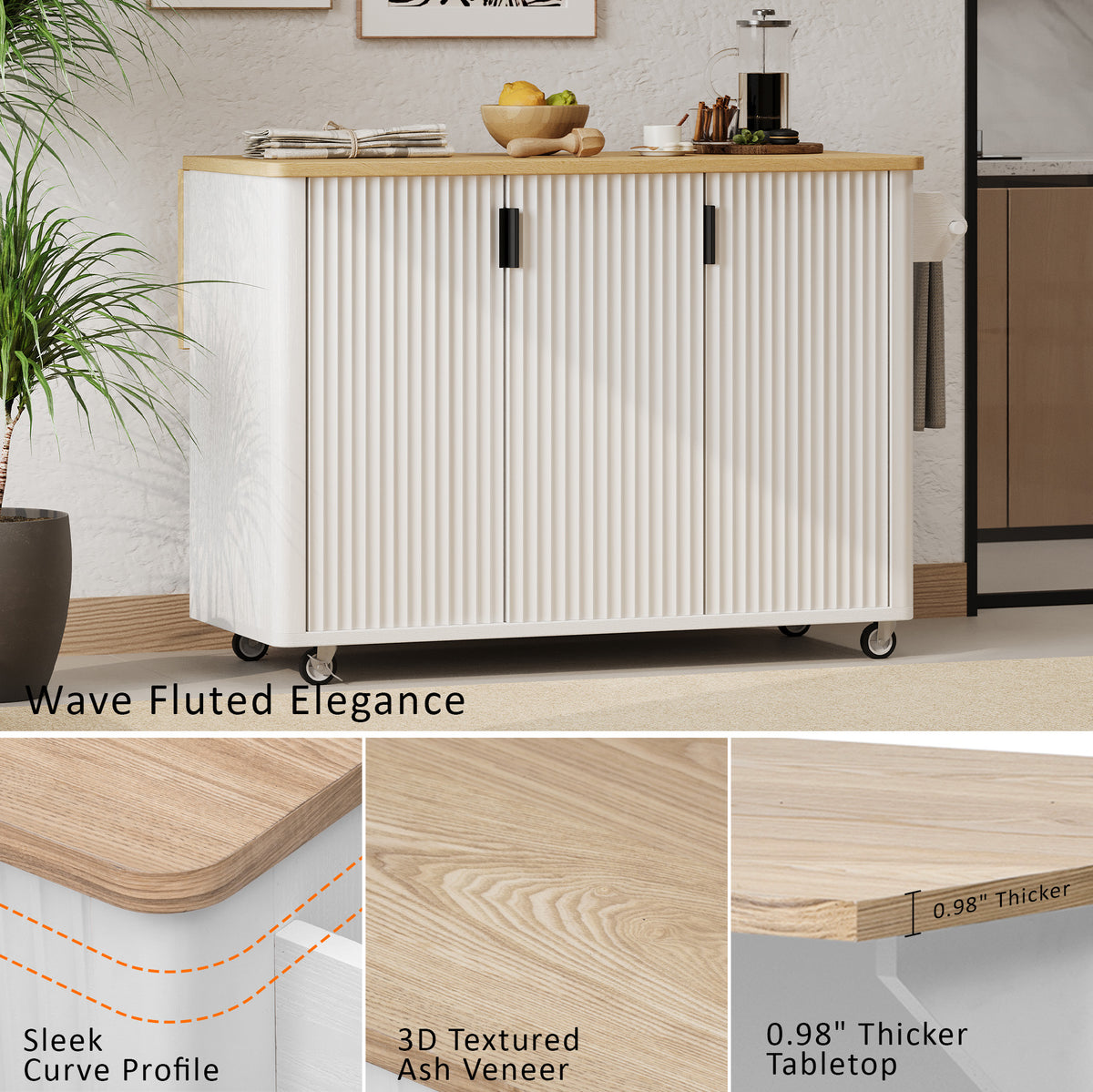 Kitchen Island with Storage, PAPROOS 51" Rolling Kitchen Cart with Drop Leaf & Solid Wood Top, Portable Kitchen Island with Spice Rack & Towel Bar for Kitchen Dining Room