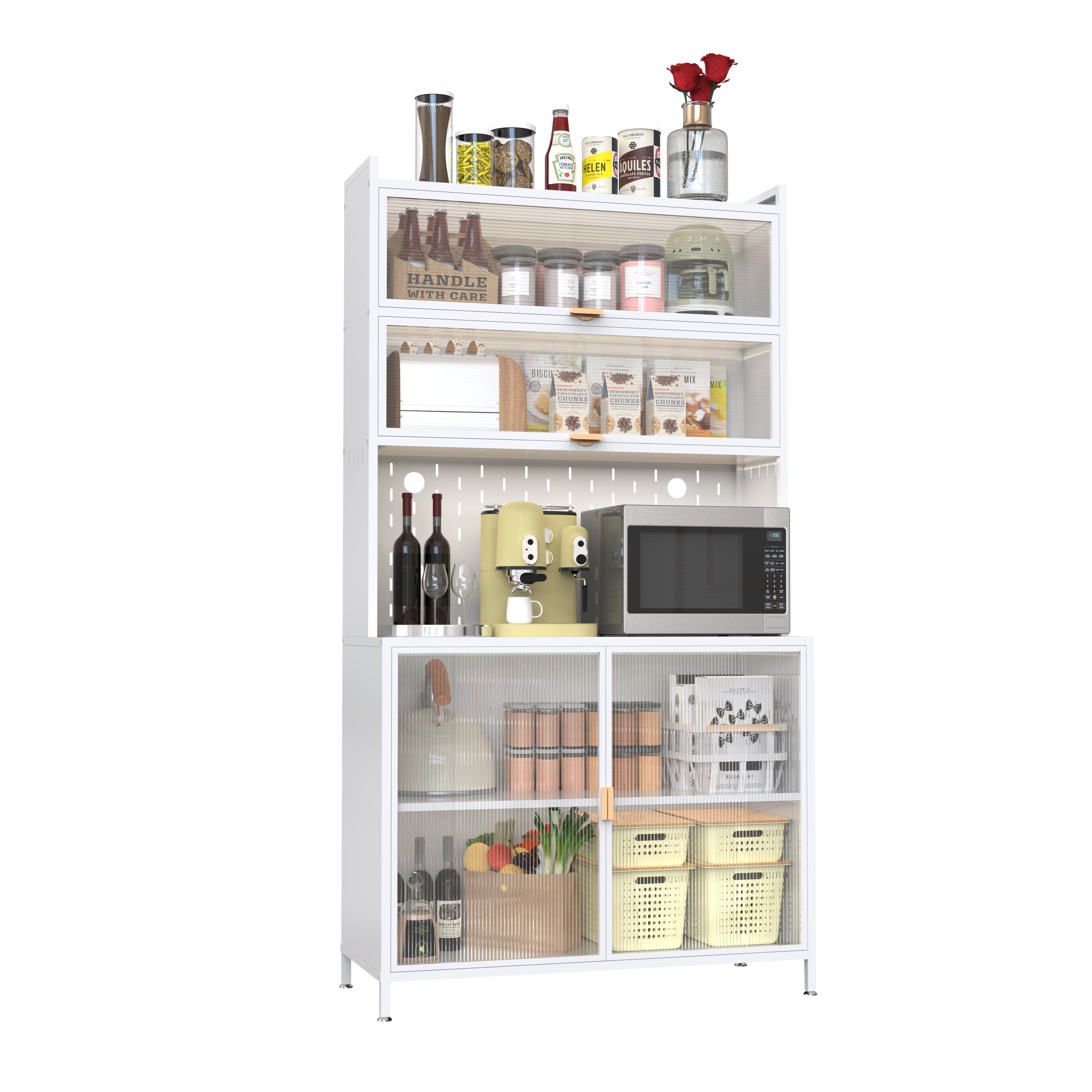 PAPROOS 73” Tall Kitchen Pantry Cabinet, Metal Pantry Cabinet with 6 Level Flip Doors, Pegboard, Modern Pantry Storage Cabinet with Anti-Tip Design, Hutch for Kitchen, Dining Room, Living Room