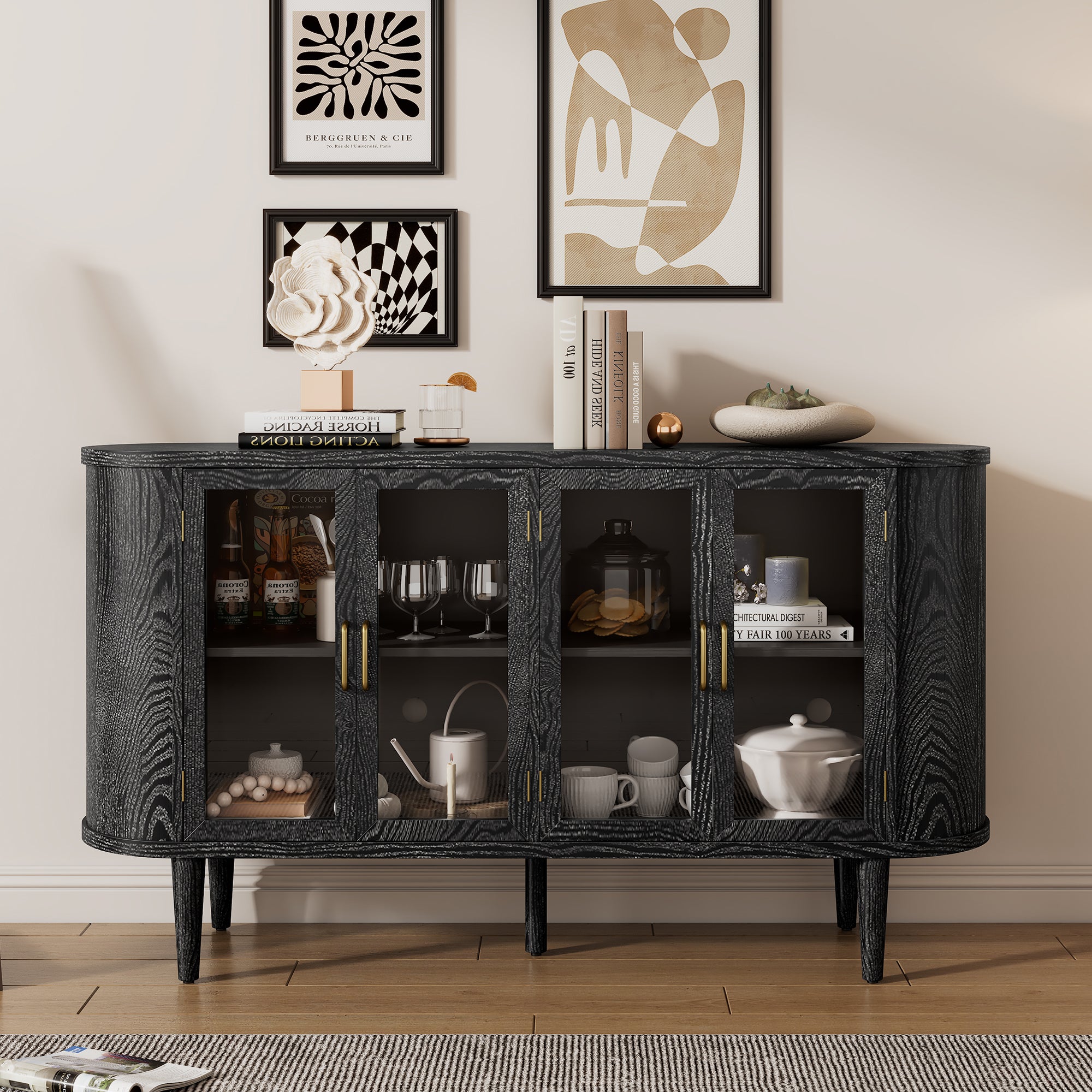 Paproos 60" Buffet Cabinet with Storage, Wooden Sideboard Buffet Cabinet with Glass Doors and Adjustable Shelves, Farmhouse Kitchen Sideboard Cabinet for Living Room, Hallway, Entryway, Natural
