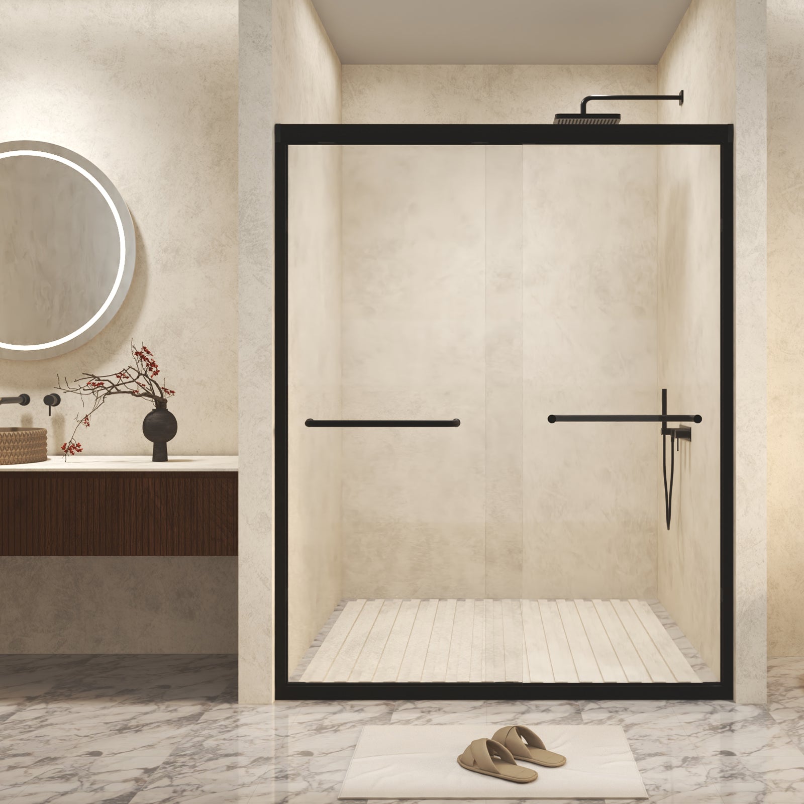 PAPROOS 56"-60" W x 72" H Double Sliding Shower Door, Modern Tub Door with Aluminum Frame, Bathtub Door with 1/4” (6 mm) Clear Tempered Glass, Stainless Steel Handle, SGCC Certified, Matte Black
