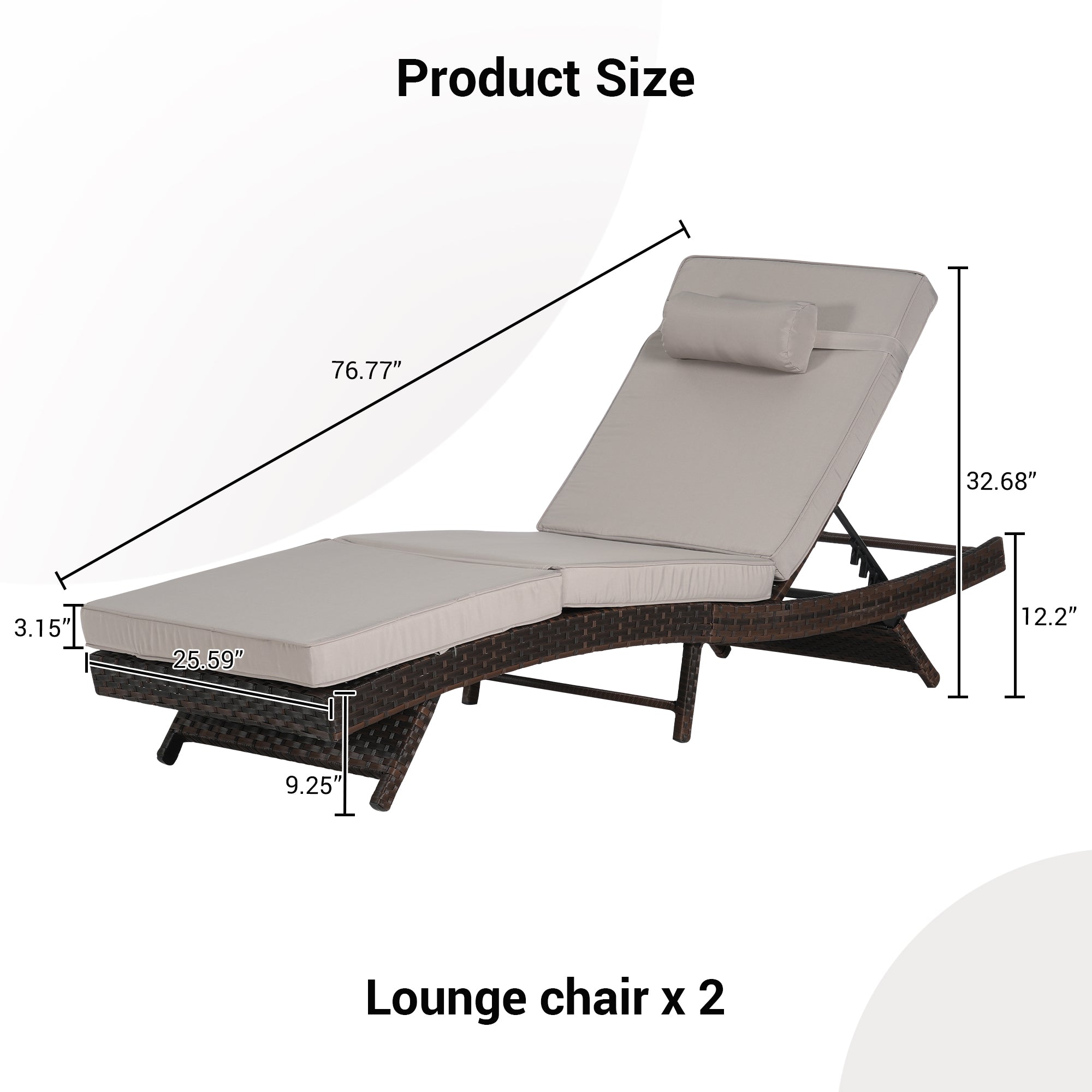 Outdoor Chaise Lounge Chair Set of 2, Wicker Outdoor Lounger Recliner with Cushions and 5-Level Adjustment Backrest, Modern Patio Lounge Chair for Poolside, Garden,