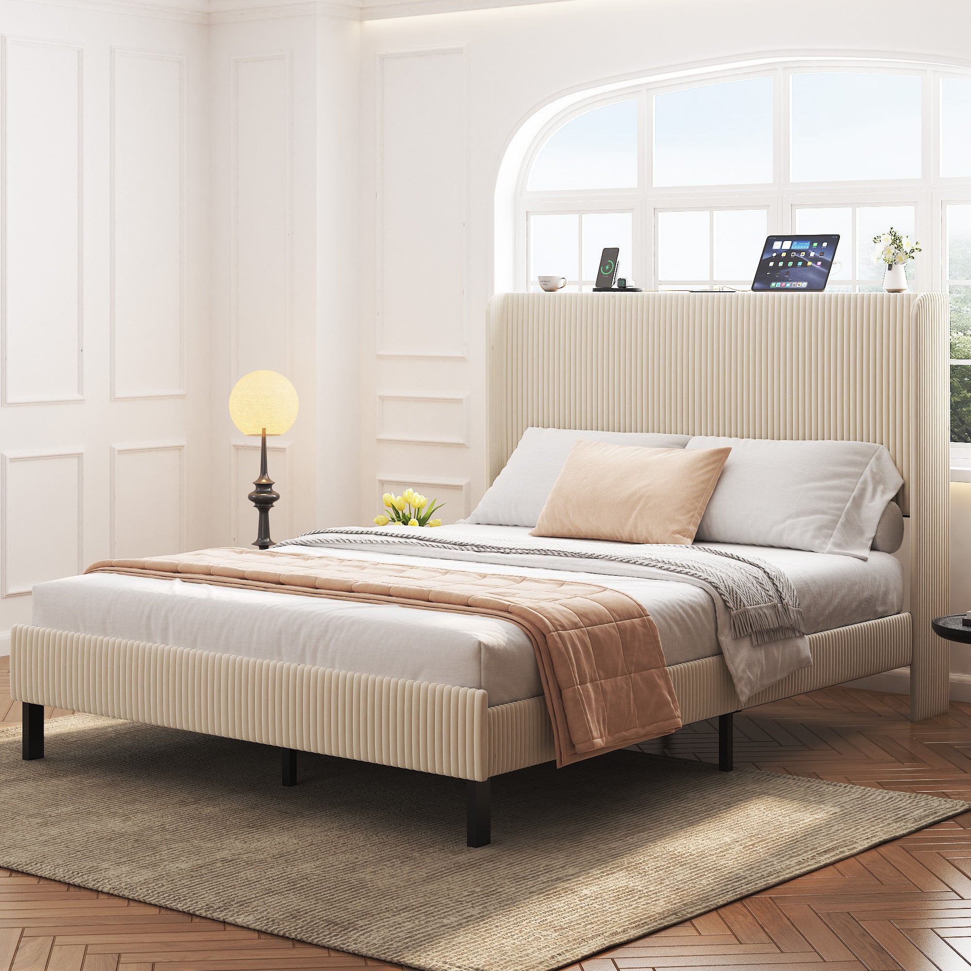 PAPROOS Queen Bed Frame, Queen Bed with Charging Station, LED Light Strip, Upholstered Headboard, Metal Platform Bed with Under Bed Storage, No Box Spring Needed