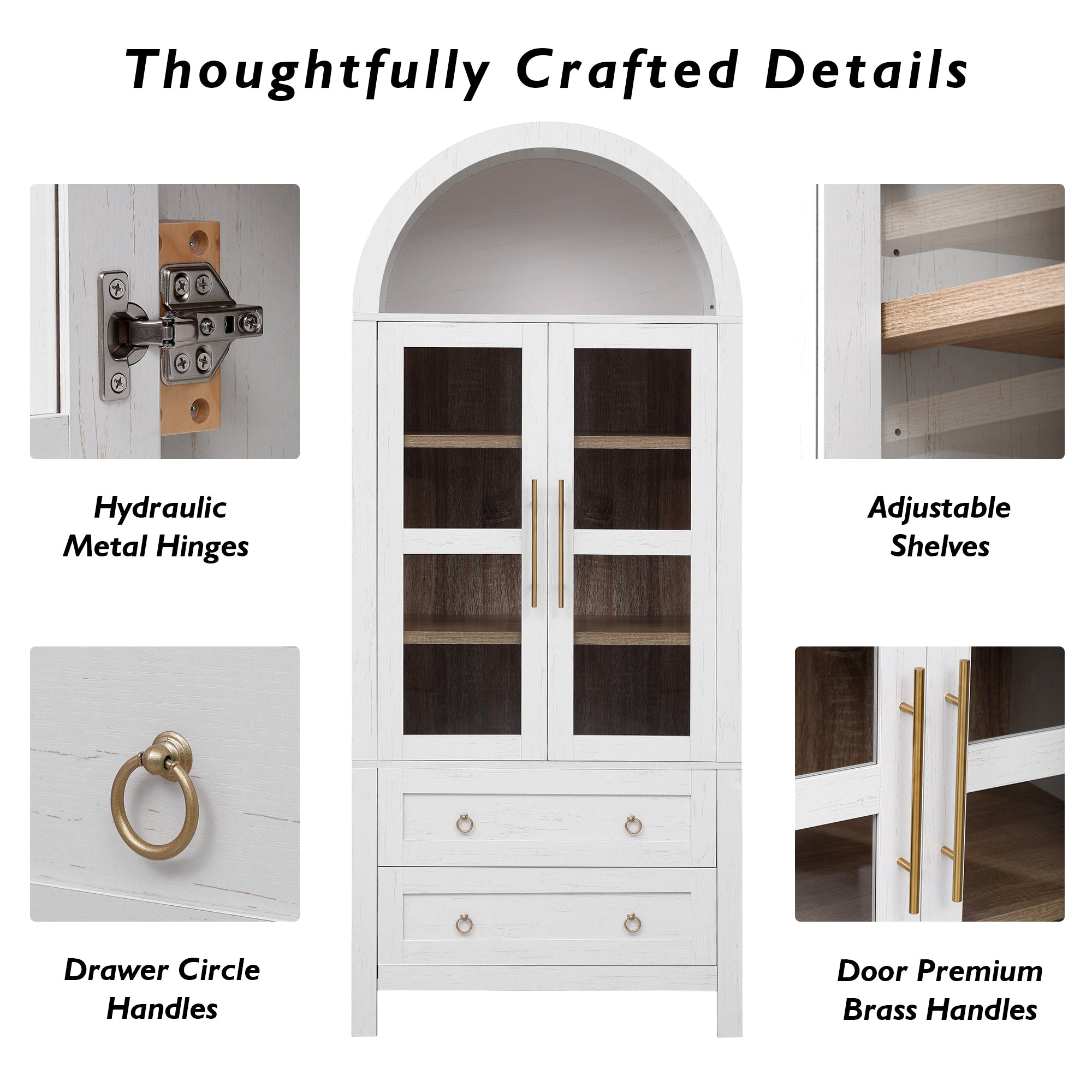 PAPROOS 71” H Arched Kitchen Pantry Cabinet, Wood Tall Pantry Storage Cabinet with 2 Large Drawers, 2 Glass Doors, Modern Farmhouse Hutch Cupboard with Adjustable Shelves for Living Room, White