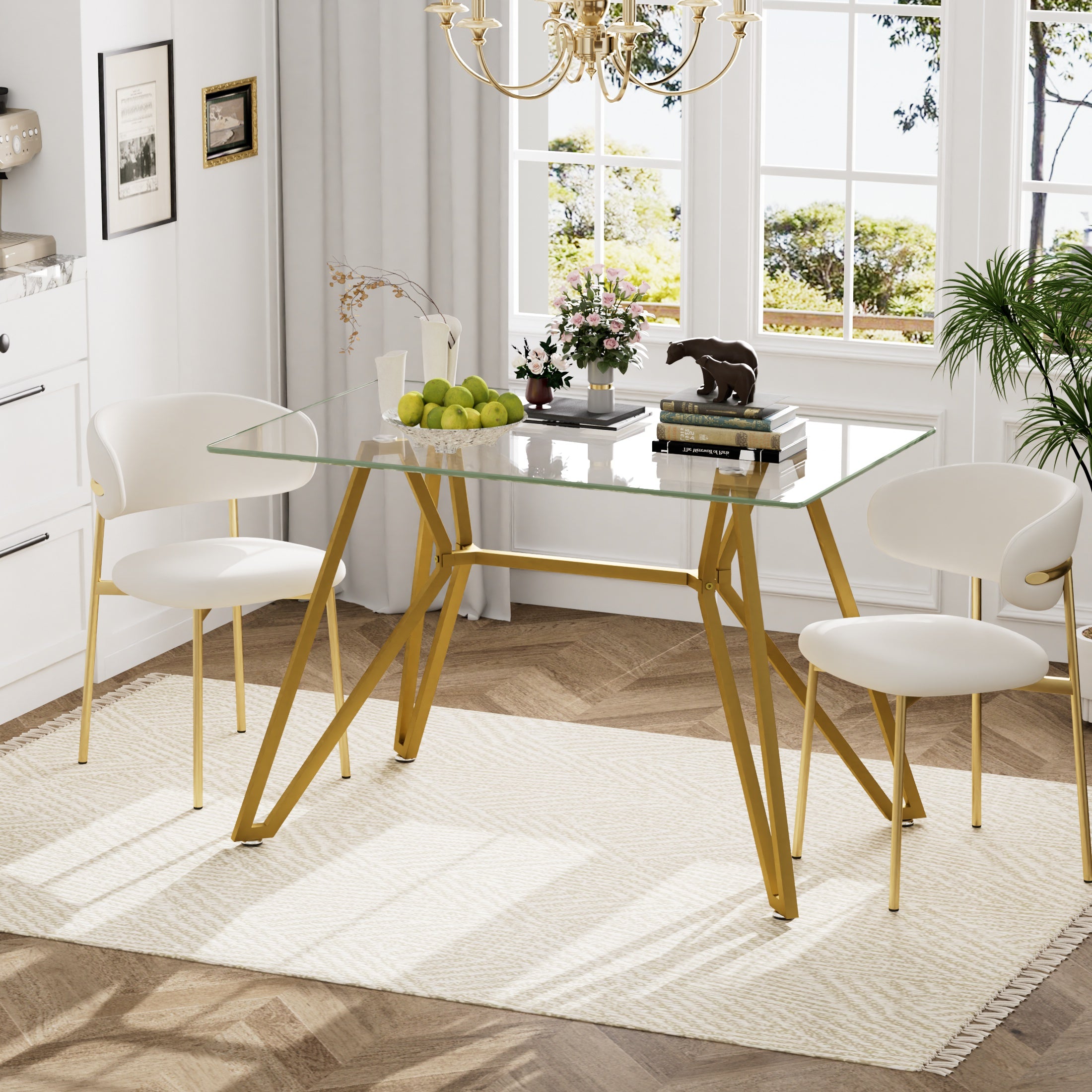 35" Square Dining Table for 4, Tempered Glass Kitchen Table, Paproos Dining Room Table, Dinner Table with Metal Legs for Kitchen, Dining Living Room, Transparent & Gold(Only Table)