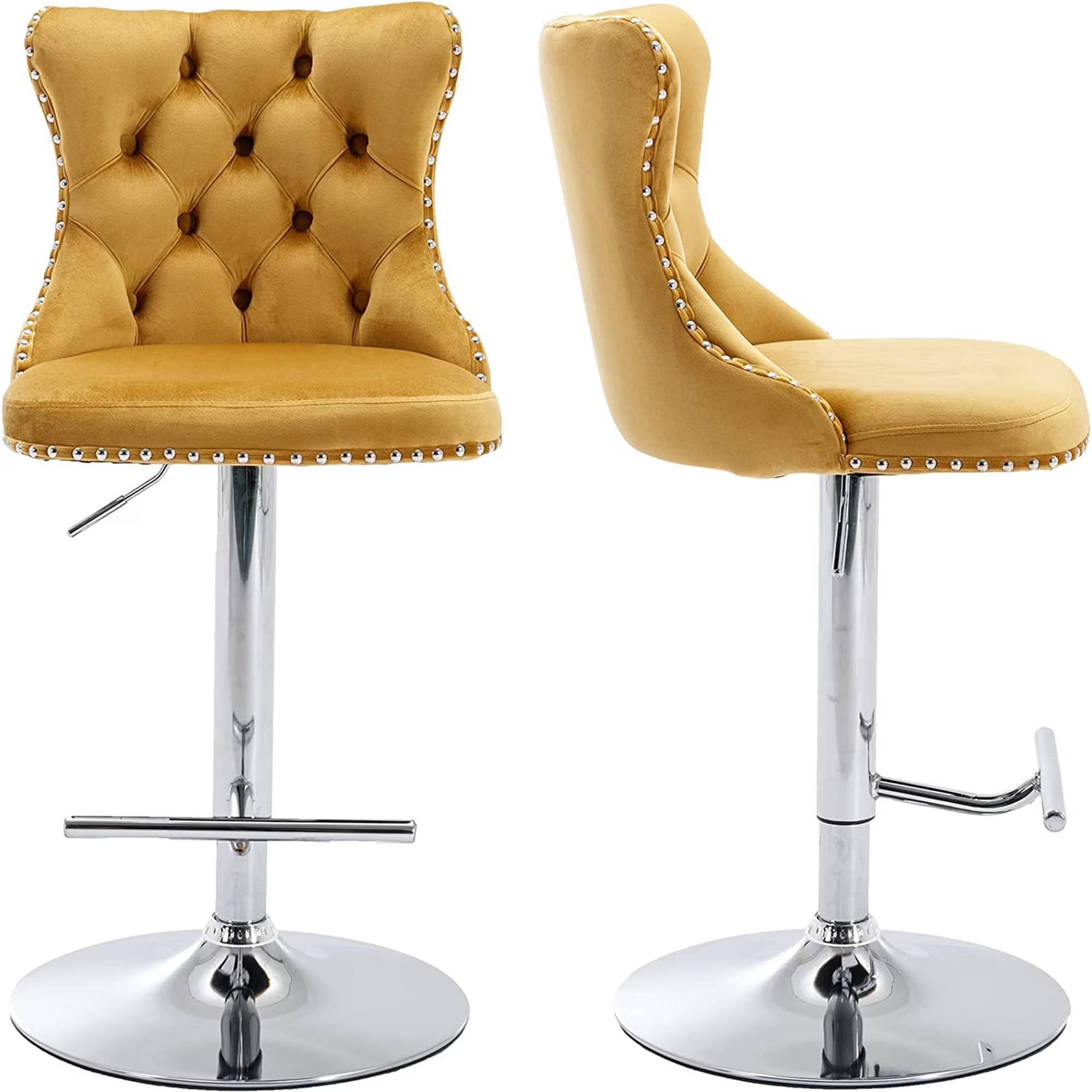 Swivel Bar Stools Set of 2, PAPROOS Adjustable Height Counter Height Bar Stools with Back, Velvet Dining Chair with Button Tufted & Nail Trim, Kitchen Chair for Kitchen Island Pub