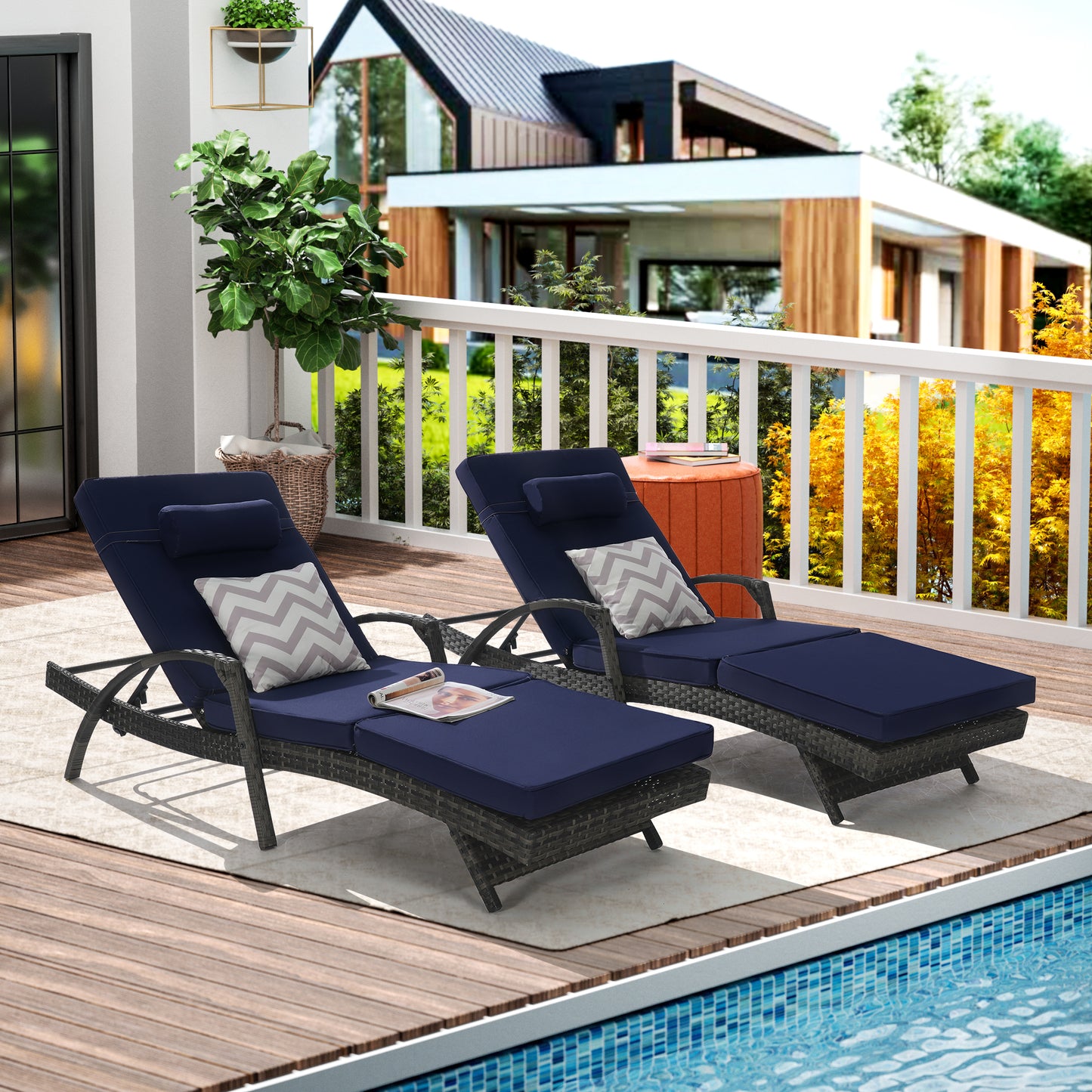 Outdoor Chaise Lounge Chair Set of 2, Rattan Patio Chaise Lounge Chair with Cushion and Arms, Modern 5-Positions Adjustable Outdoor Lounger Recliner for Poolside, Garden, Backyard, Light Gray