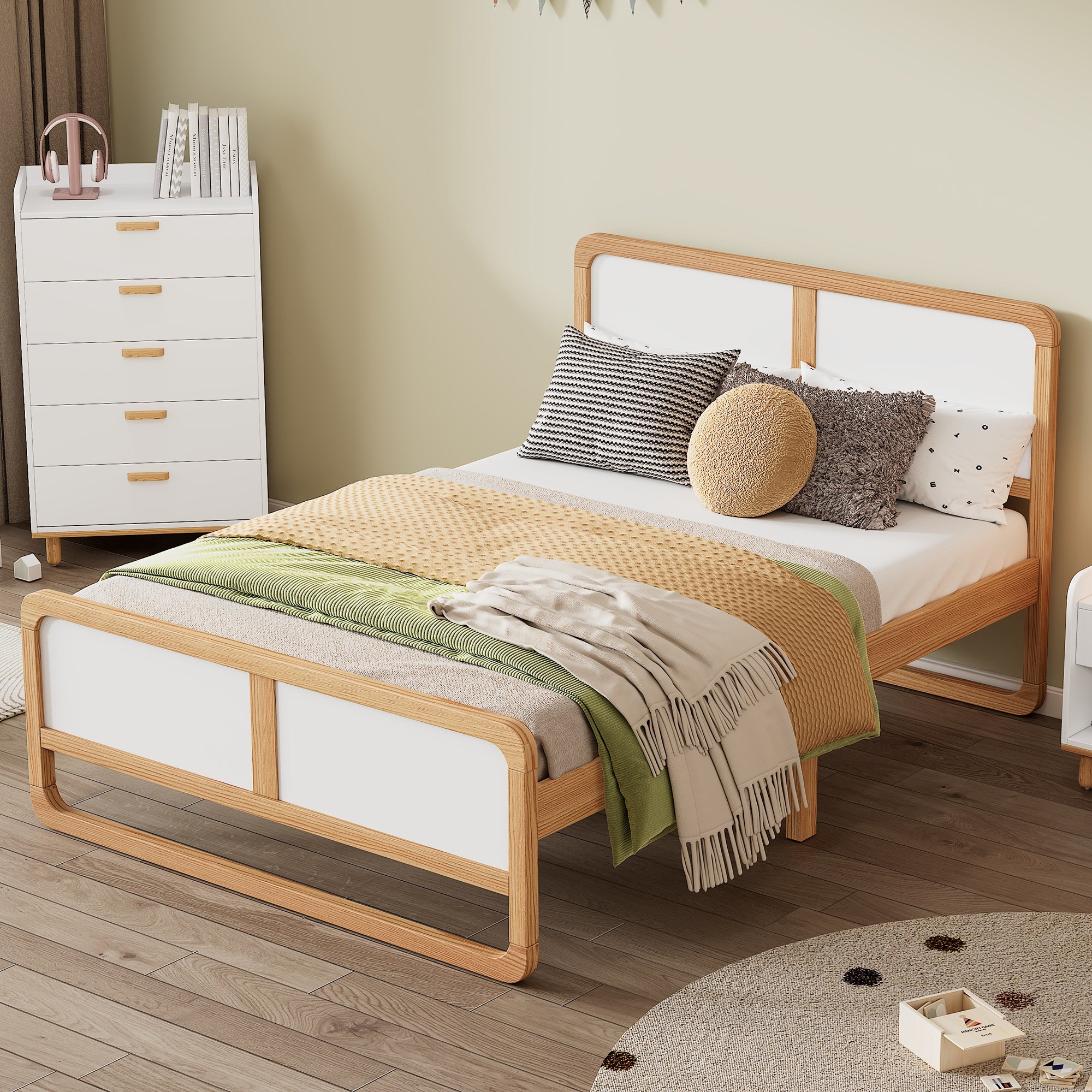 PAPROOS Queen Platform Bed Frame, Solid Wood Bed Frame with Headboard, Modern Queen Size Bed with Slats, No Box Spring Needed, White/Walnut
