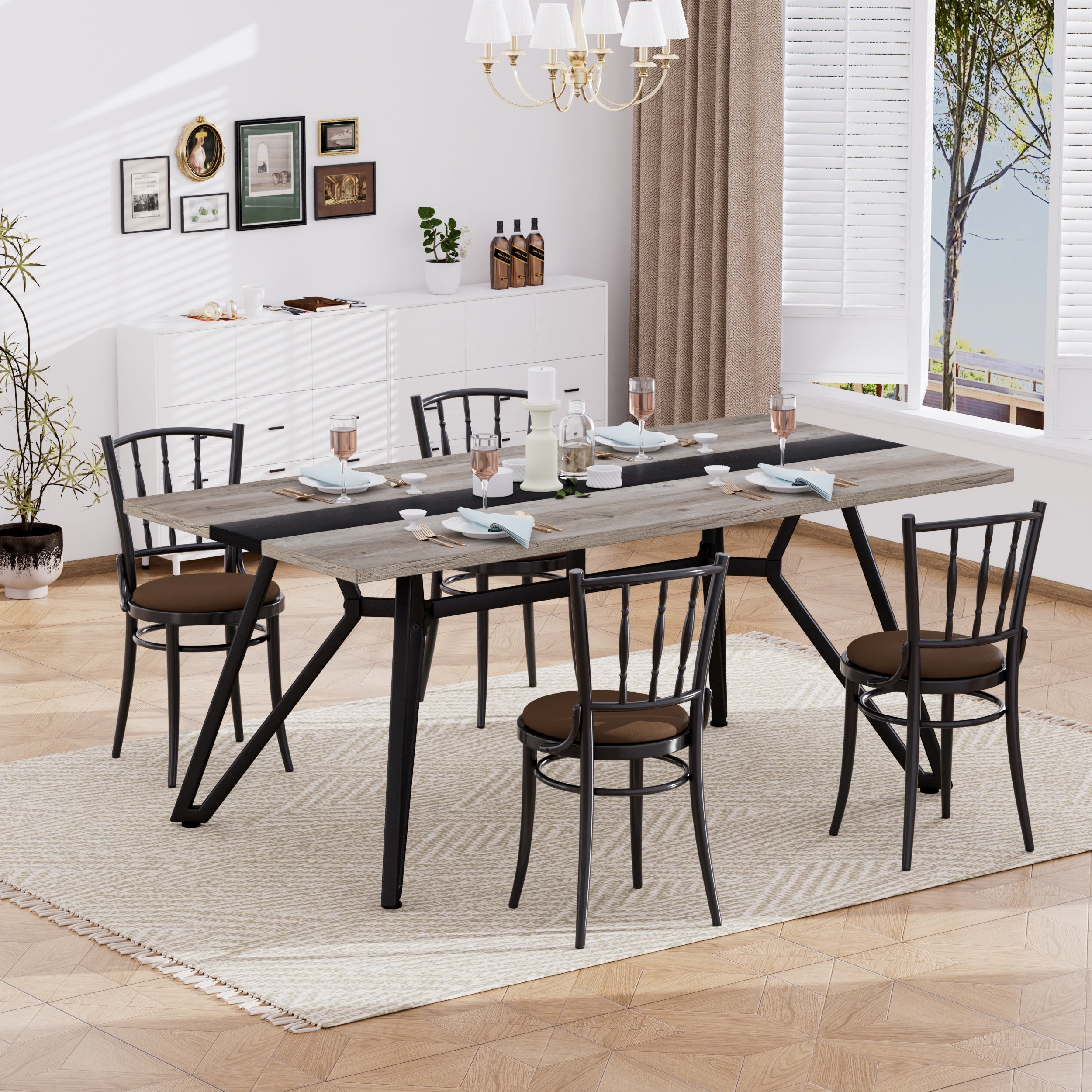 PAPROOS 71" Dining Table for 6-8 People, Rectangle Faux Marble Kitchen Table, Dining Room Table with Adjustable Metal Legs, for Kitchen Dining Room, Gathering, White+Black (Only Table)