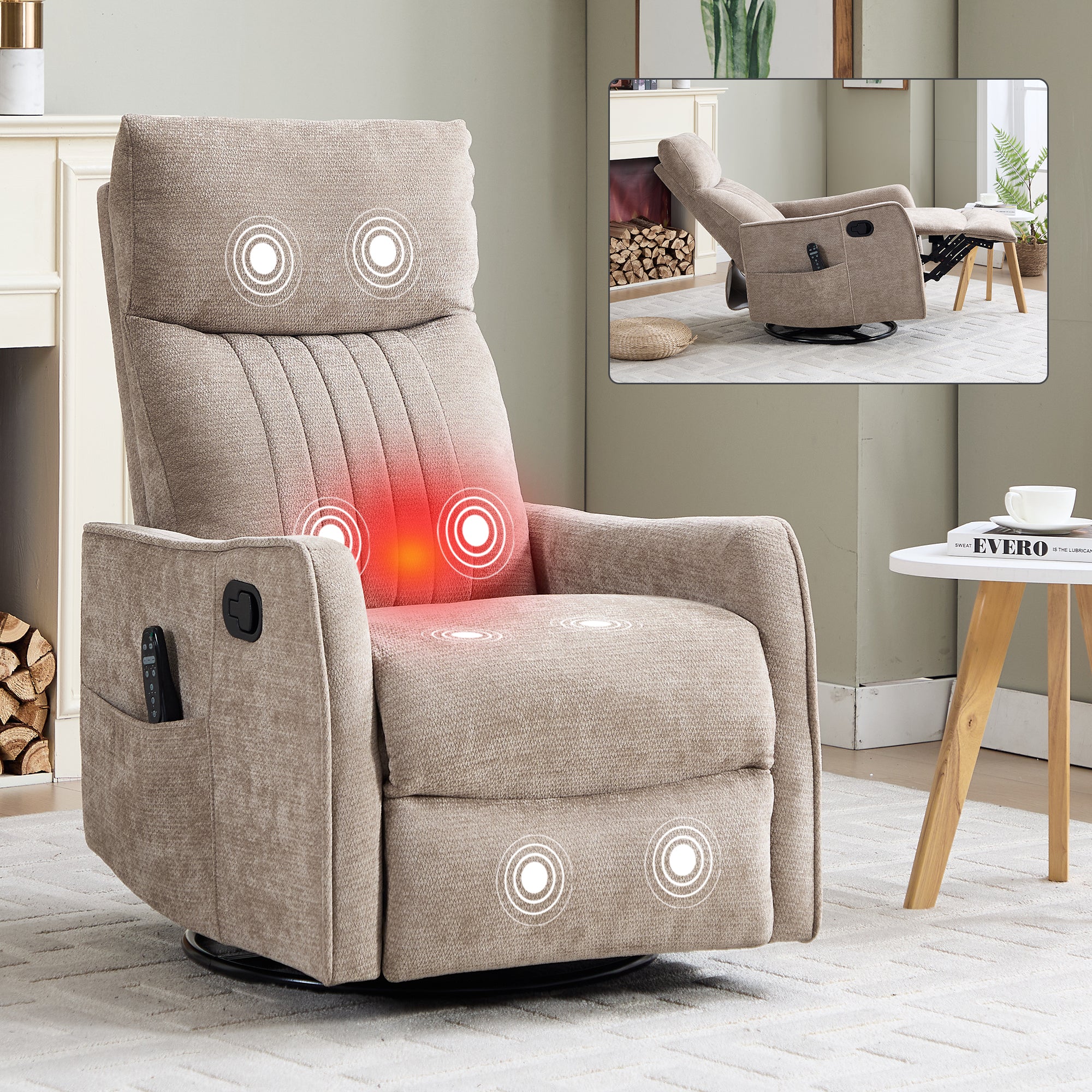 PAPROOS Swivel Rocker Recliner, Fabric 360° Swivel Rocking Recliner with 2 Side Pockets, Glider Rocking Chair for Baby Nursery, Manual Recliner for Adults for Home Theater Living Room