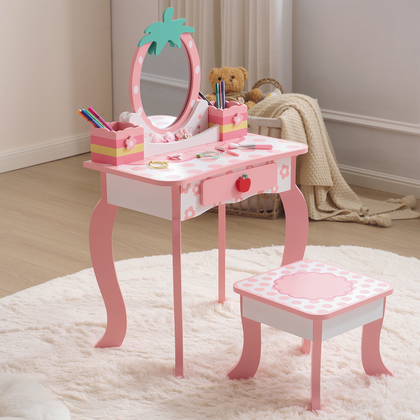 Paproos Kids Vanity Set with Mirror, Wood Pretend Play Princess Makeup Vanity Table and Chair with Drawer, Toddler Dressing Table with Apple Design, Cute Makeup Desk Set for Little Girls 3+, Pink