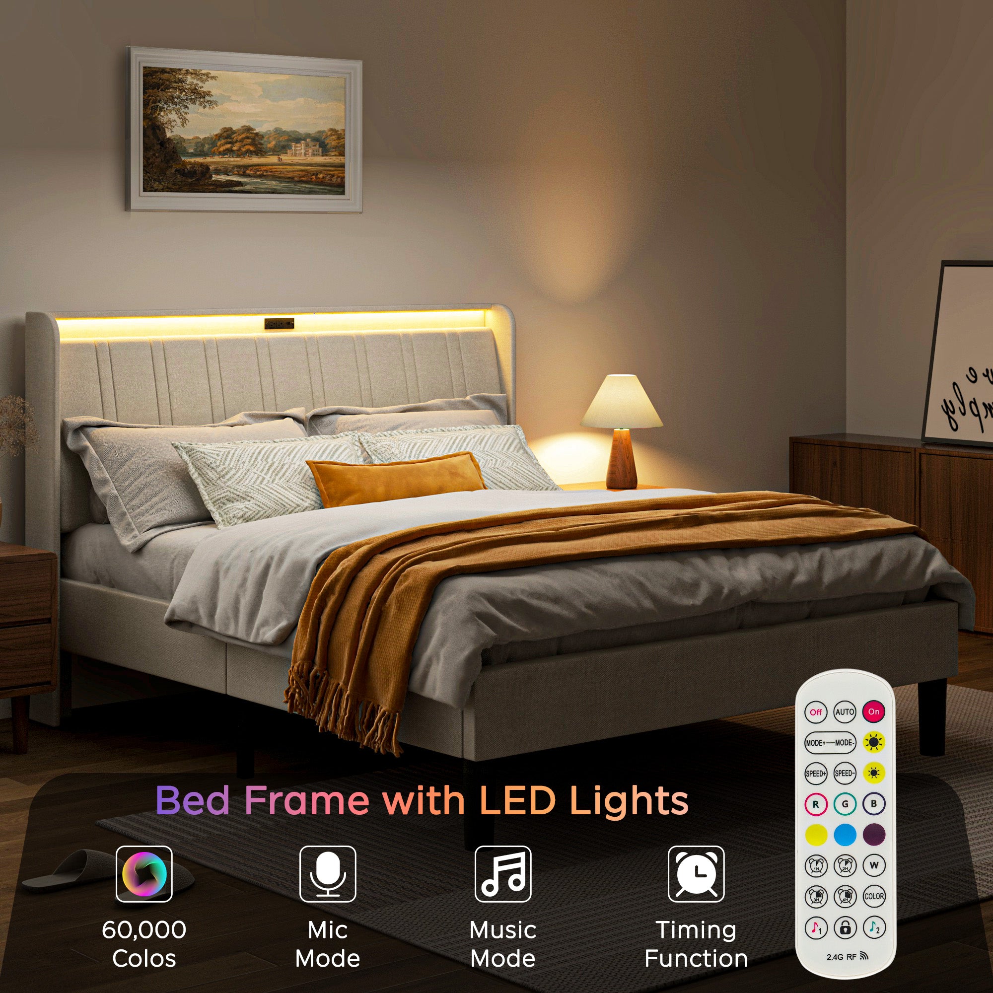PAPROOS Full Bed Frame, Full Bed with Charging Station and LED Light, Velvet Upholstered Headboard, Metal Platform Bed with Wooden Slats, No Box Spring Needed