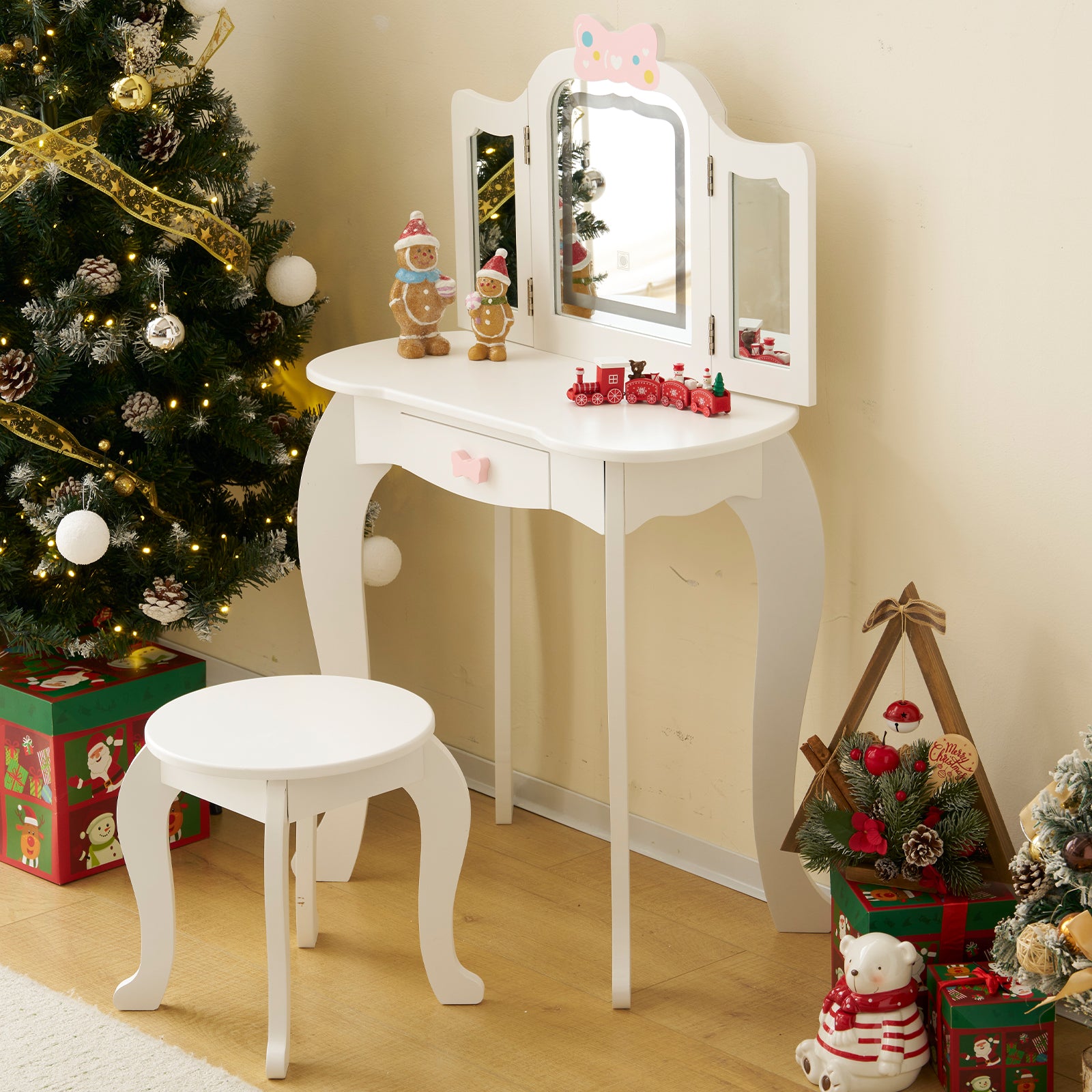 PAPROOS Kids Vanity Set with Mirror and Lights, Wood 2-in-1 Girls Vanity with Drawer, Princess Toddler Dressing Table, Pretend Play Kids Makeup Vanity Table and Chair for Little Girls Aged 3+, White