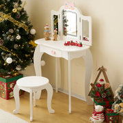 PAPROOS Kids Vanity Set with Mirror and Lights, Wood 2-in-1 Girls Vanity with Drawer, Princess Toddler Dressing Table, Pretend Play Kids Makeup Vanity Table and Chair for Little Girls Aged 3+, White
