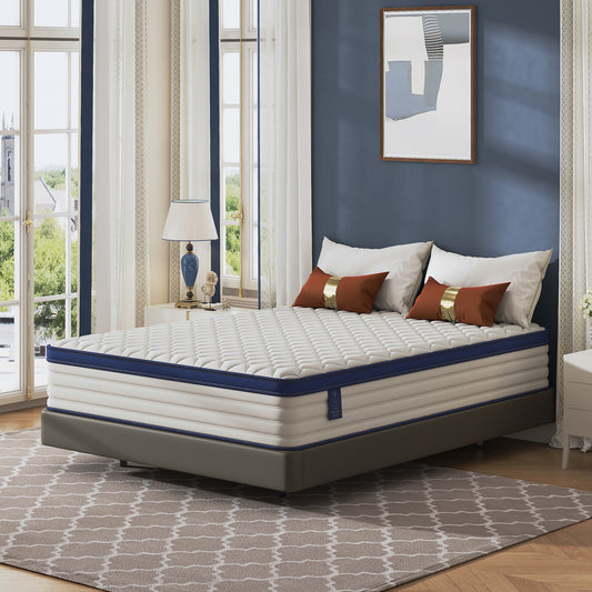 Twin Mattress, PAPROOS 12" Memory Foam Hybrid Mattress in a Box, Cool Individual Pocket Spring Mattress with Breathable Knitted Fabric Cover, Twin Size Medium Firm Mattress, CertiPUR-US, White/Blue